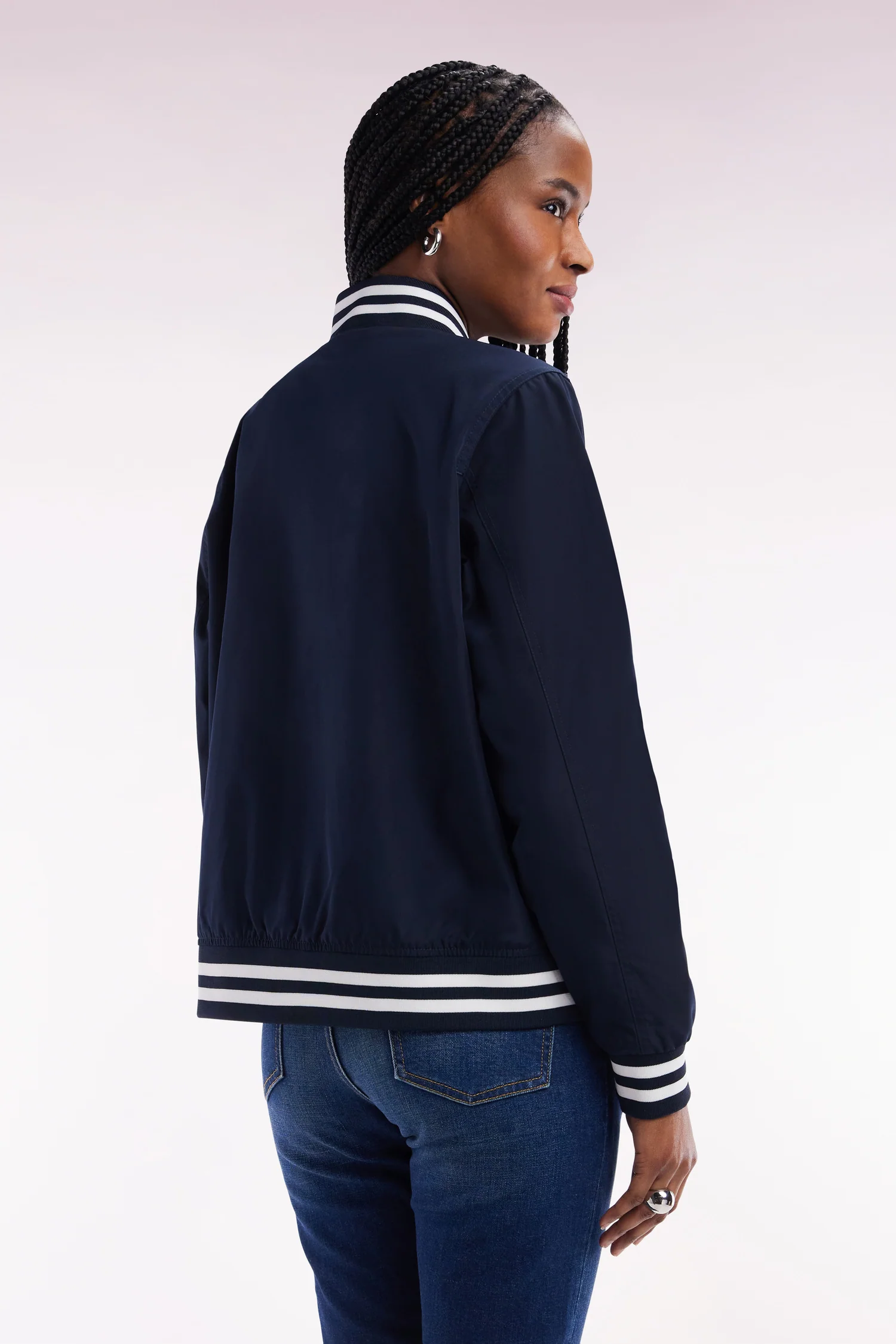 Blouson Teddy zippé marine à bords-côtes rayés - Image 4