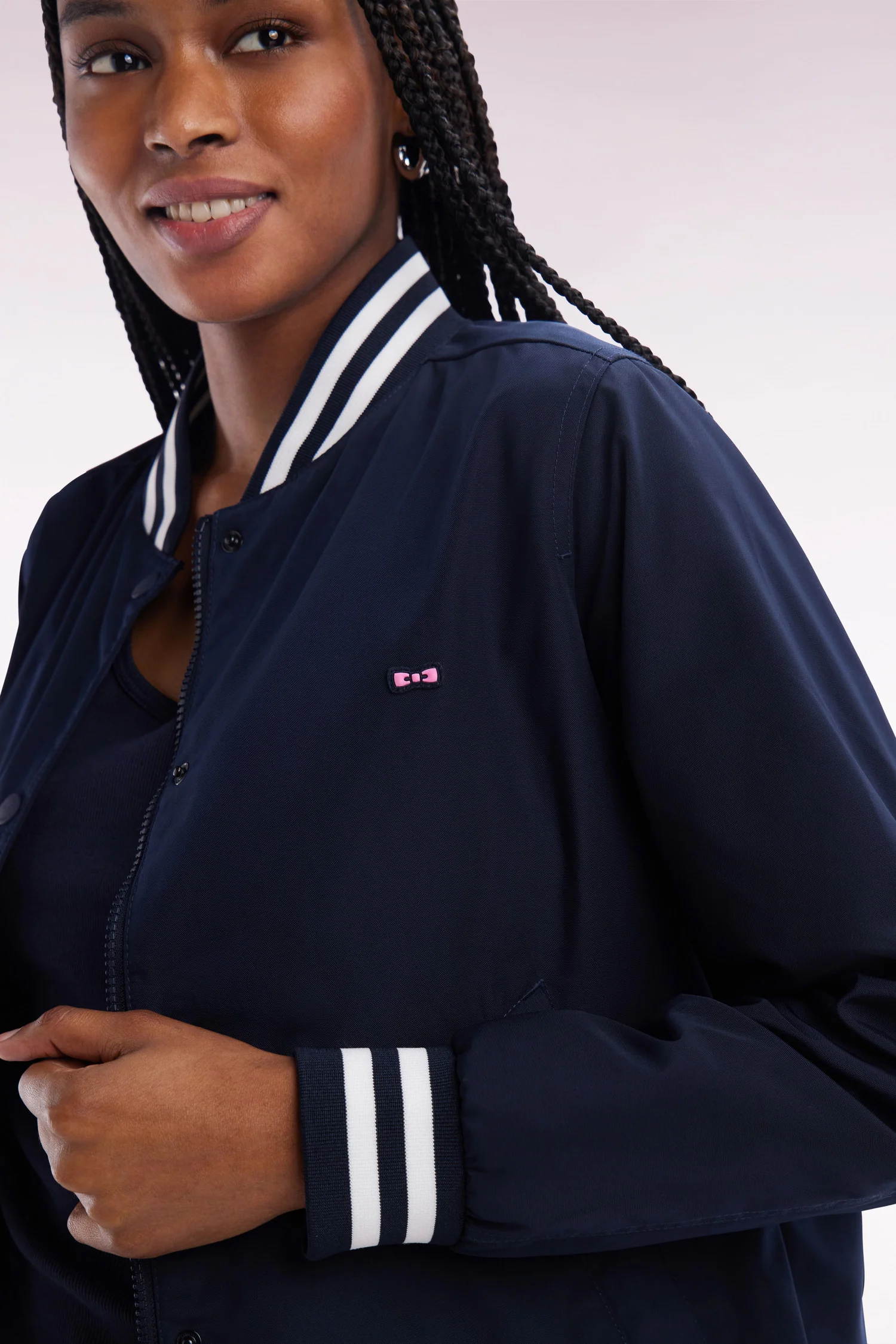 Blouson Teddy zippé marine à bords-côtes rayés - Image 5