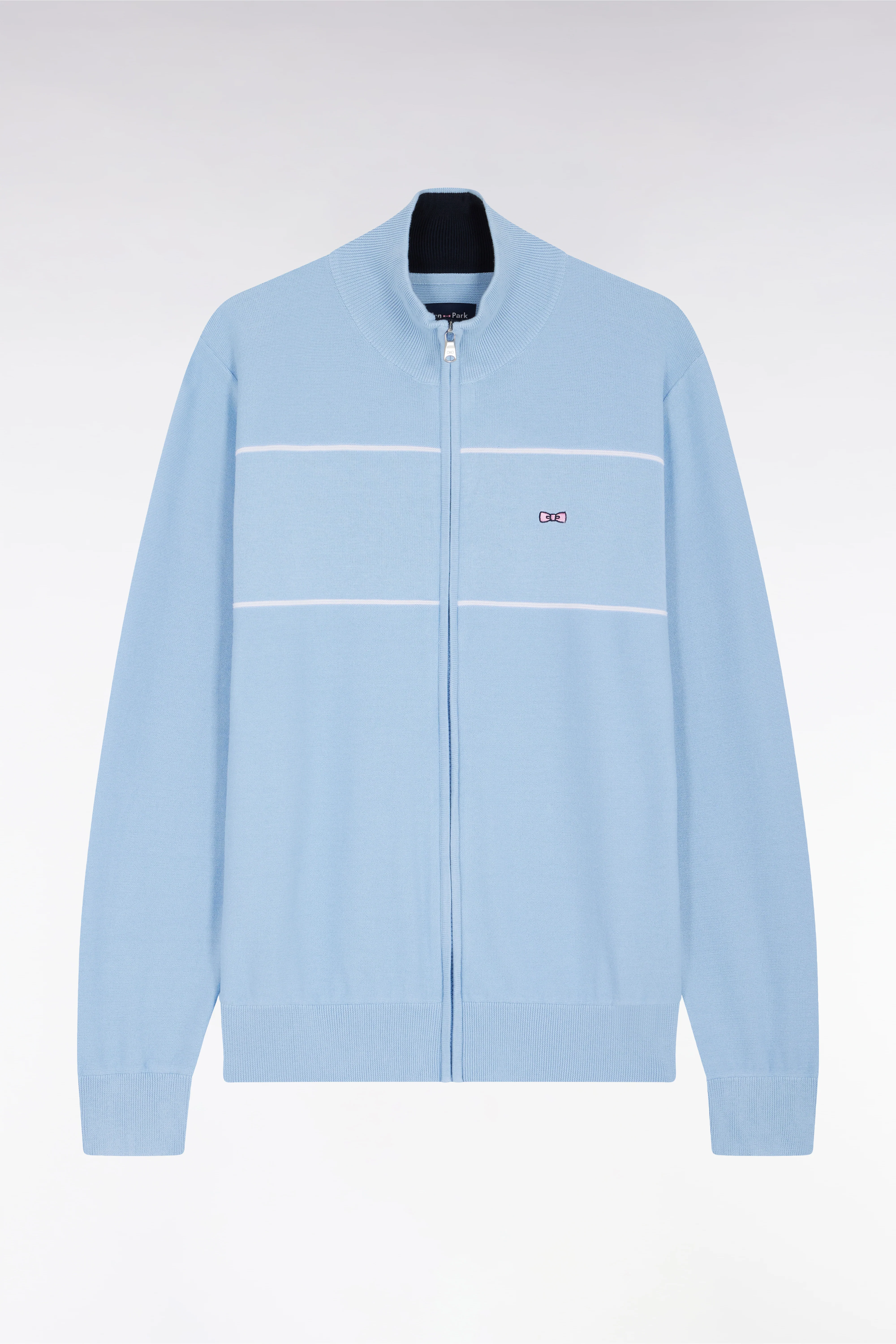 Cardigan col camionneur zippé en coton ciel à effet de passepoils roses coupe droite