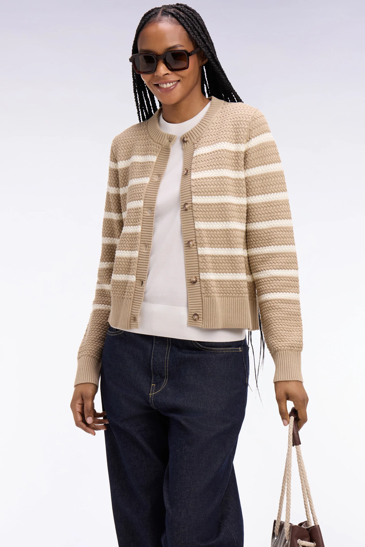 Cardigan marinière en maille tressée beige
