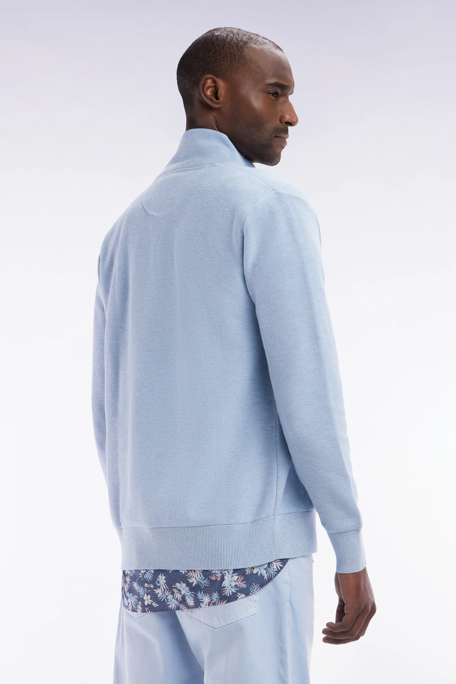 Cardigan zippé en coton nid d'abeille ciel coupe droite - Image 4