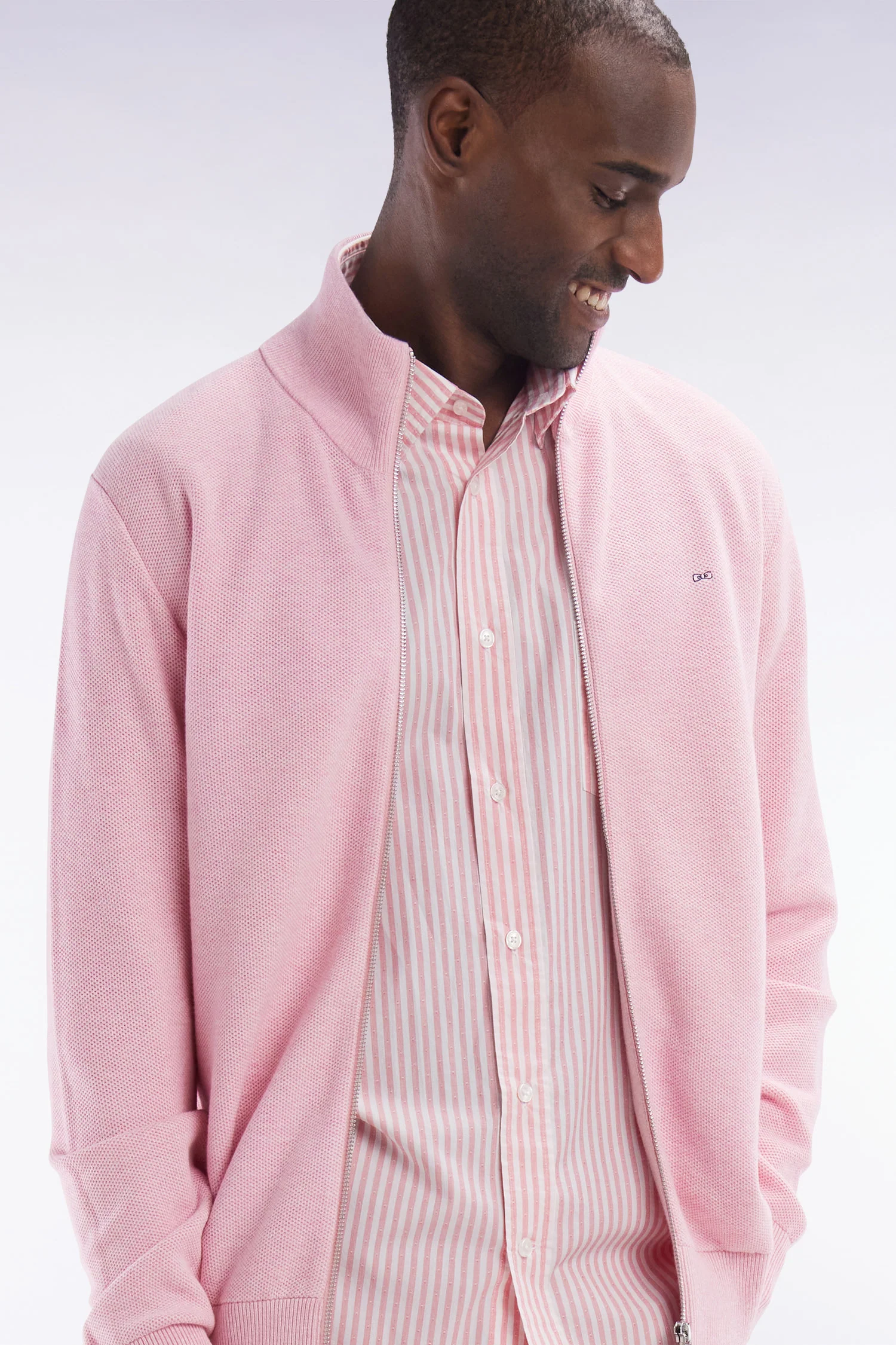 Cardigan zippé en coton nid d'abeille rose coupe droite - Image 3