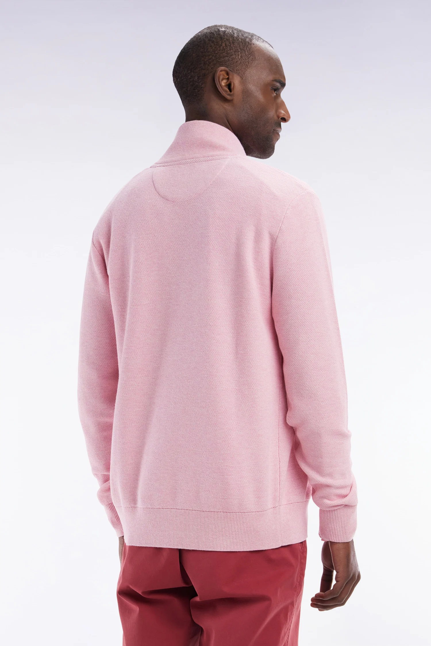 Cardigan zippé en coton nid d'abeille rose coupe droite - Image 4