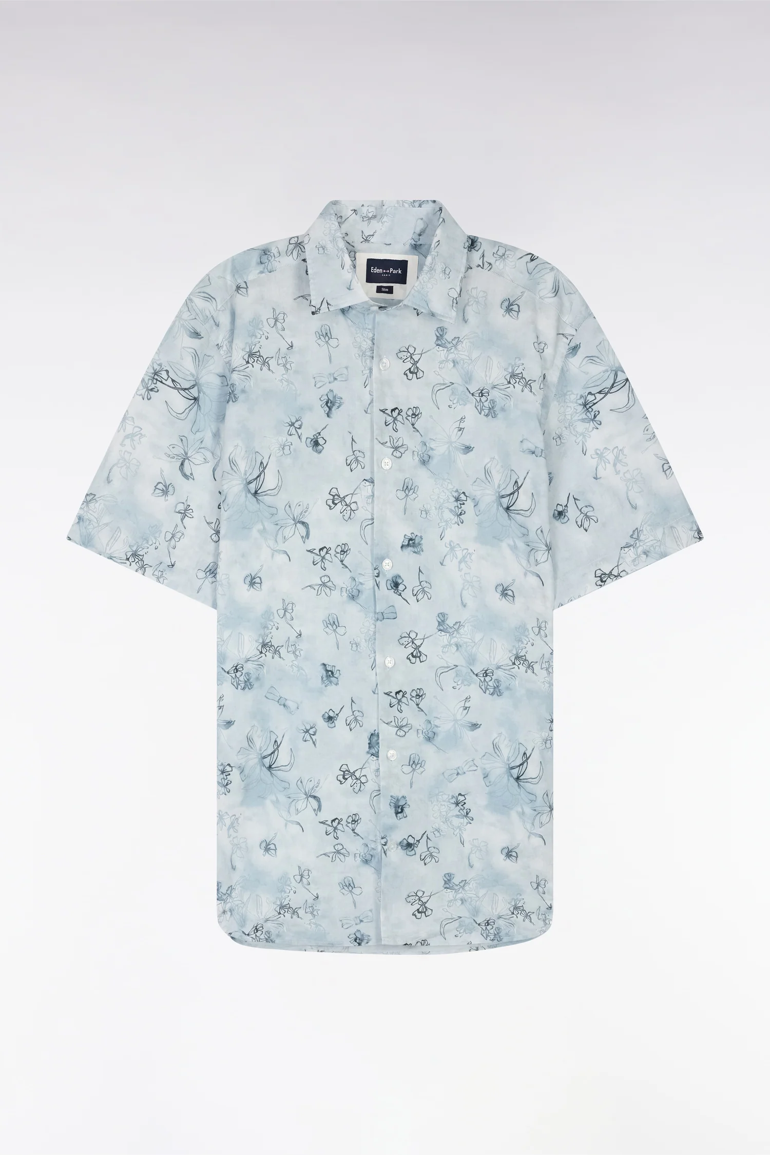 Chemise à manches courtes en coton bleu-gris à imprimé floral coupe ajustée - Image 2