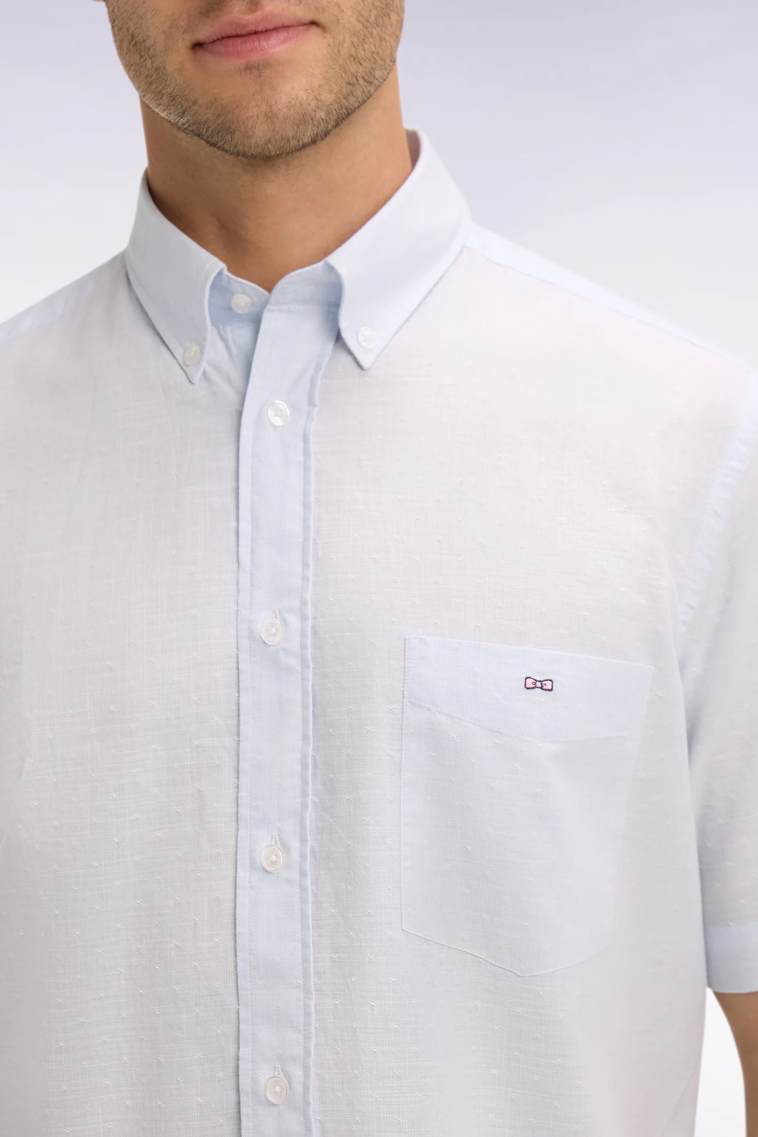 Chemise à manches courtes en coton jacquard rayé bleu ciel - Image 4