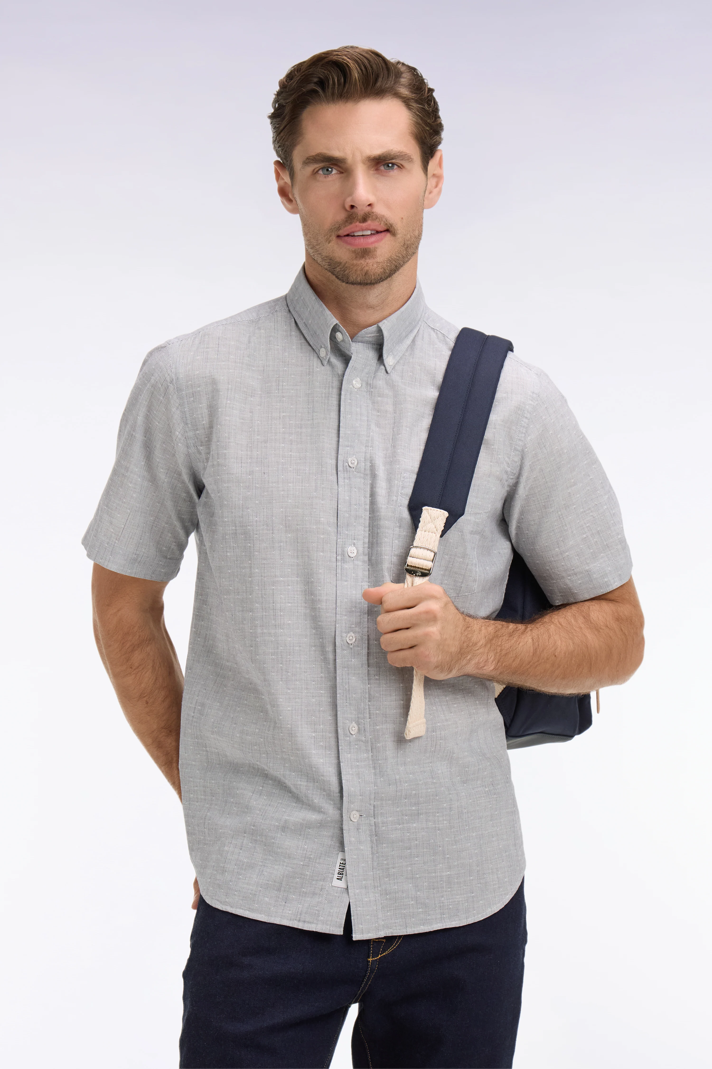 Chemise à manches courtes en coton jacquard rayé marine - Image 3
