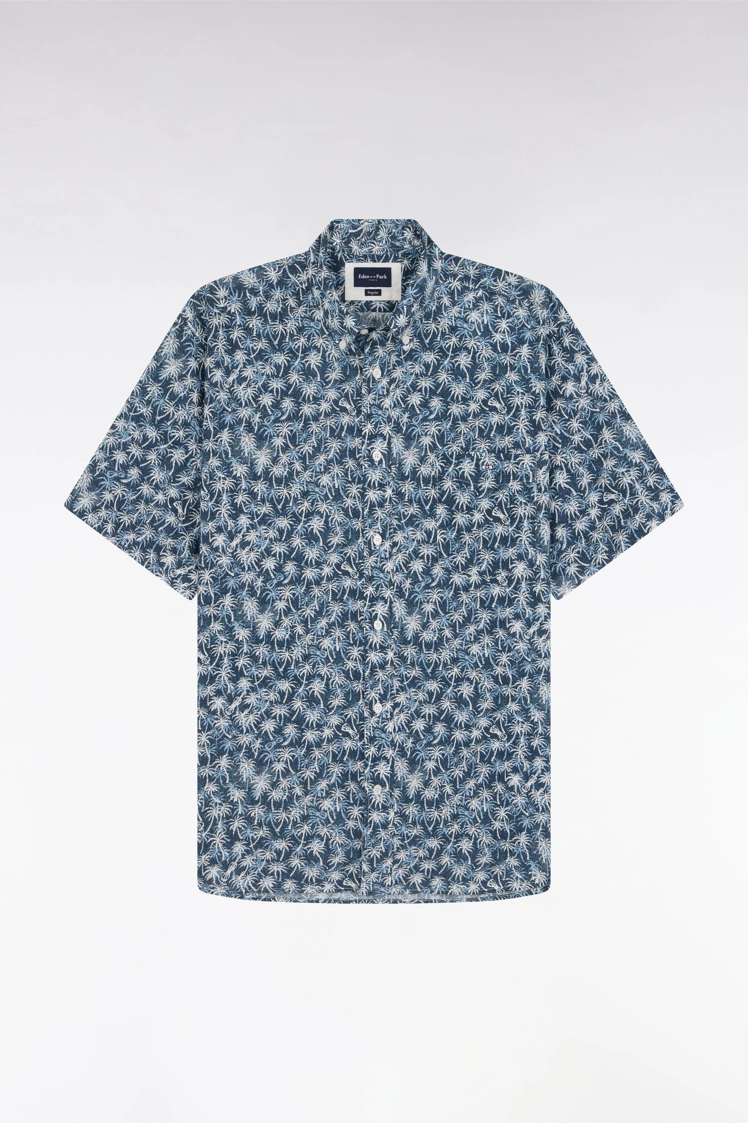 Chemise à manches courtes en coton marine à microimprimé palmiers coupe droite - Image 2