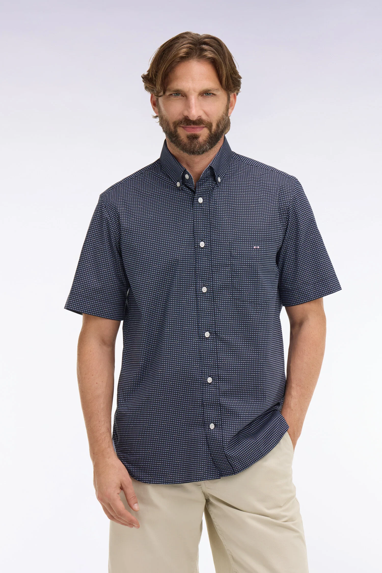 Chemise à manches courtes en coton marine à micromotifs bleu ciel - Image 3