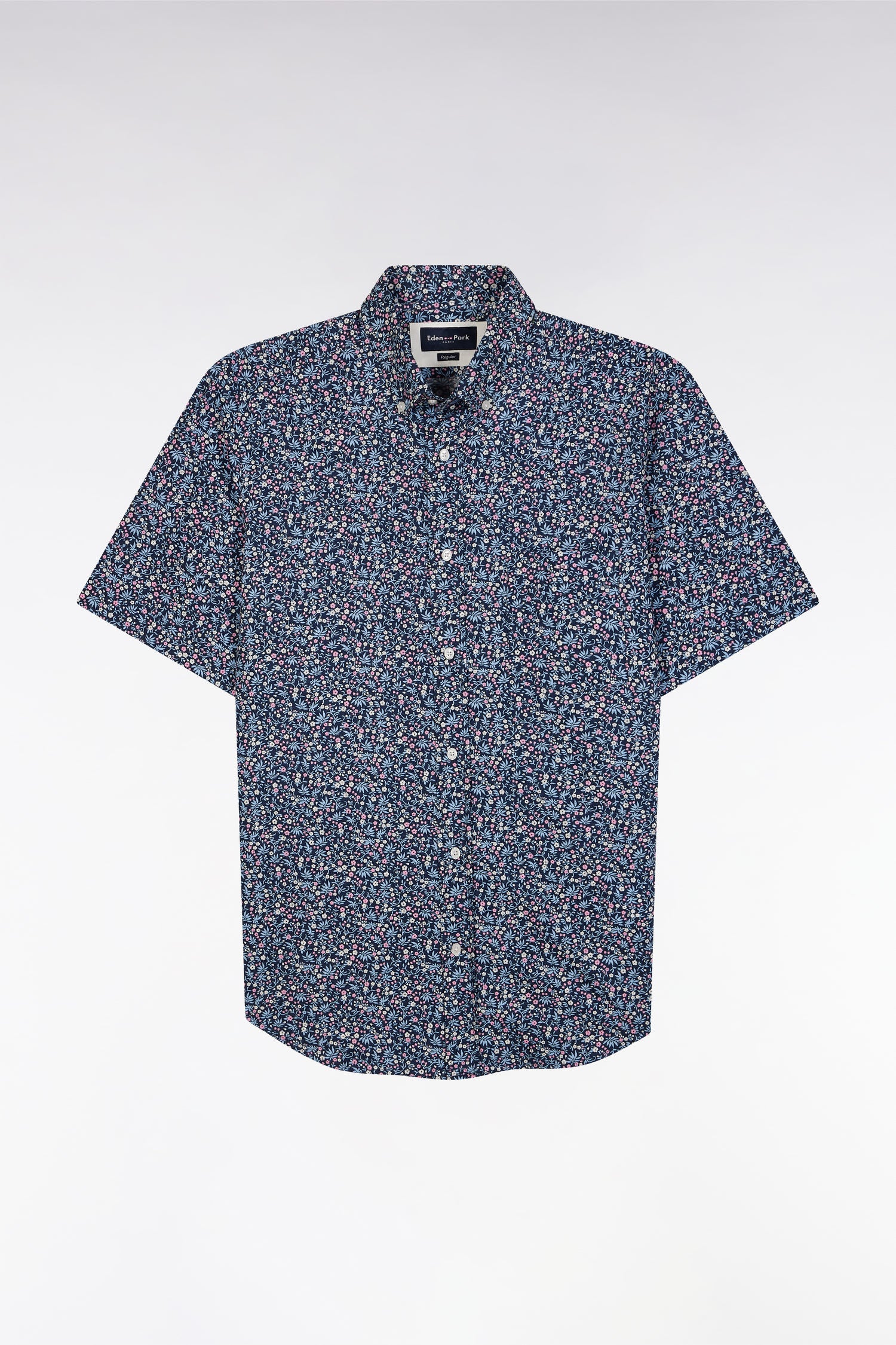 Chemise à manches courtes en coton marine microimprimé fleurs coupe droite - Image 2
