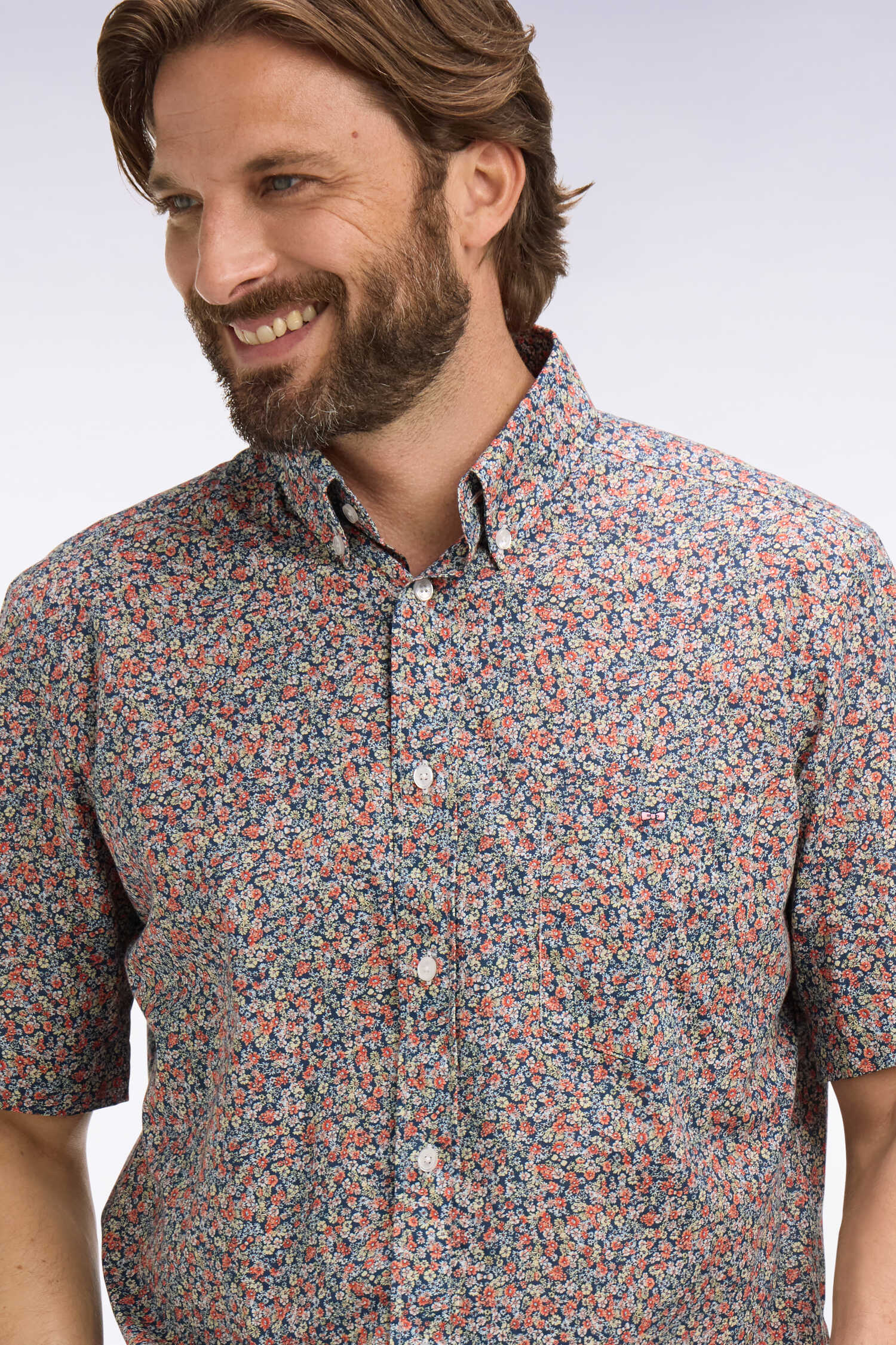 Chemise à manches courtes en coton orange à micromotif floral - Image 3