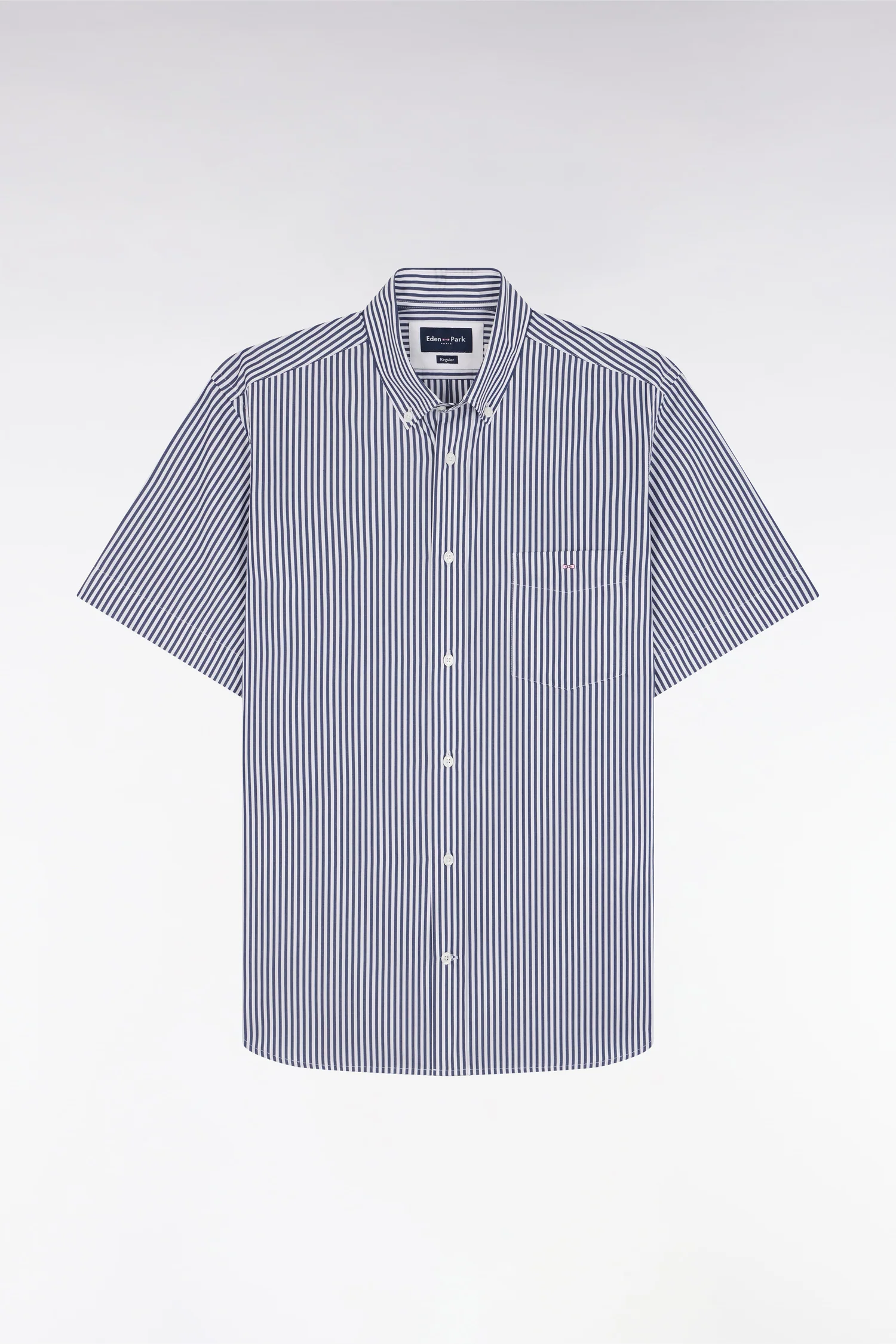 Chemise à manches courtes en coton rayé bleu foncé coupe droite - Image 2
