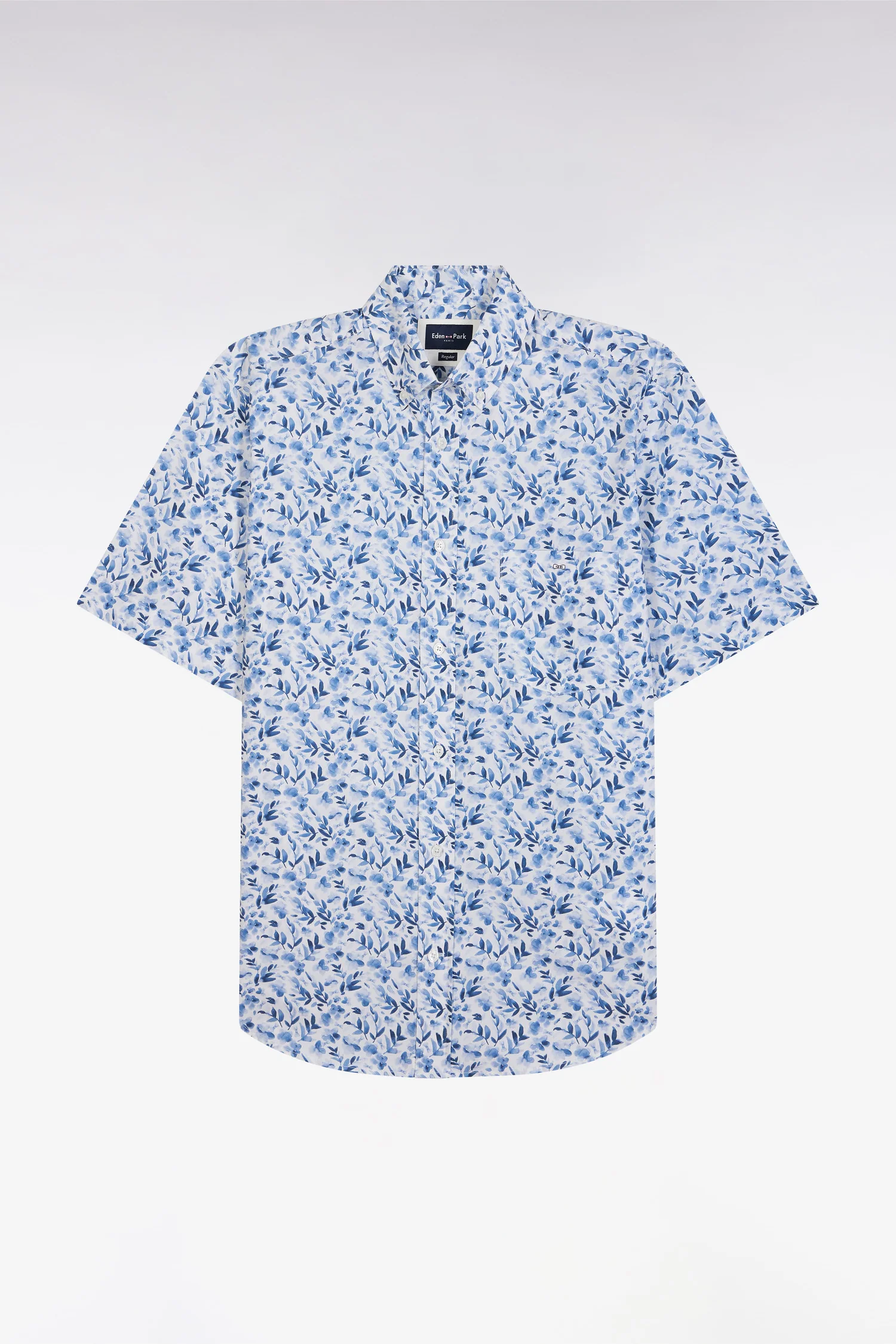 Chemise à manches courtes en popeline de coton bleue imprimé végétal coupe droite - Image 2