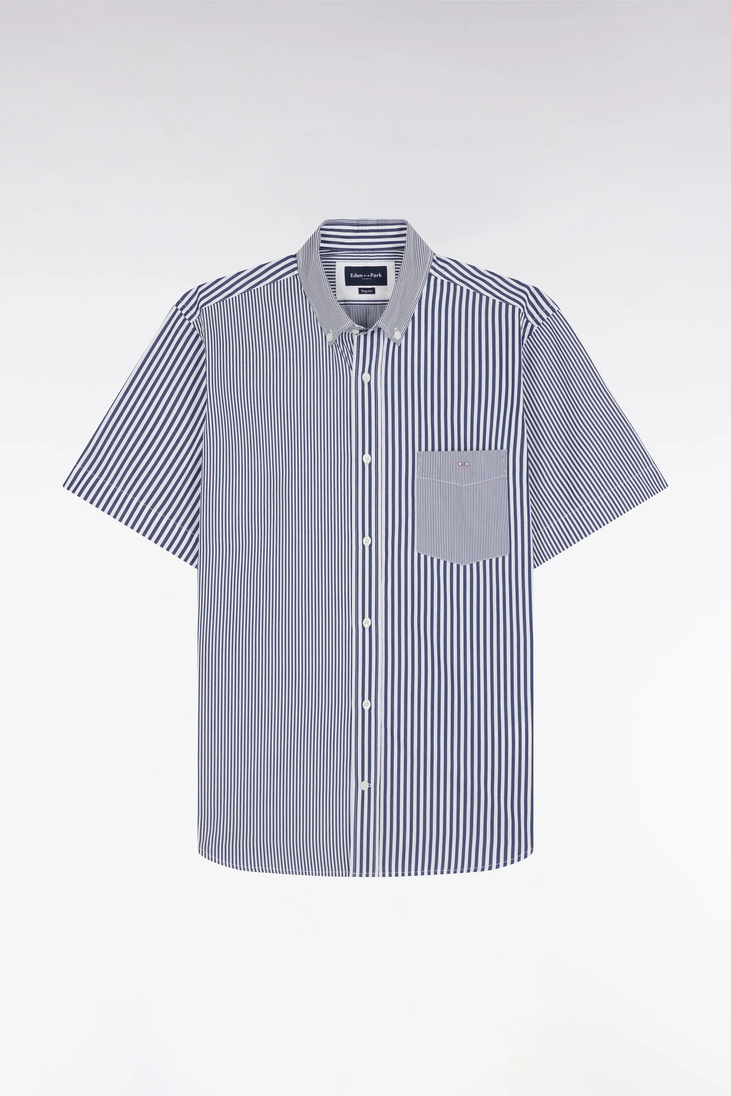 Chemise à manches courtes en popeline de coton rayée bleu foncé coupe droite - Image 2