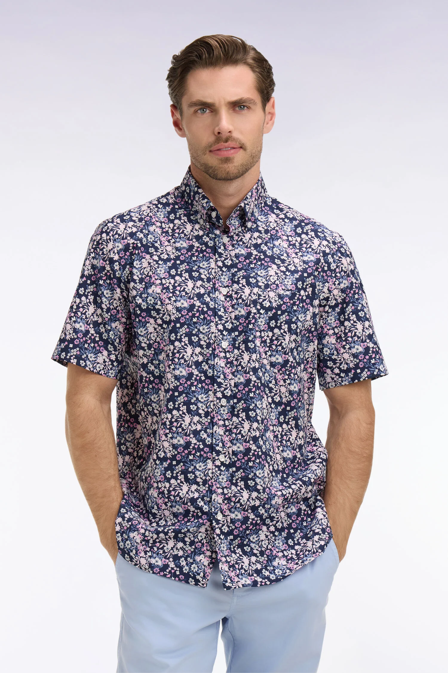 Chemise à manches courtes en popeline et chambray à motif floral rose - Image 3