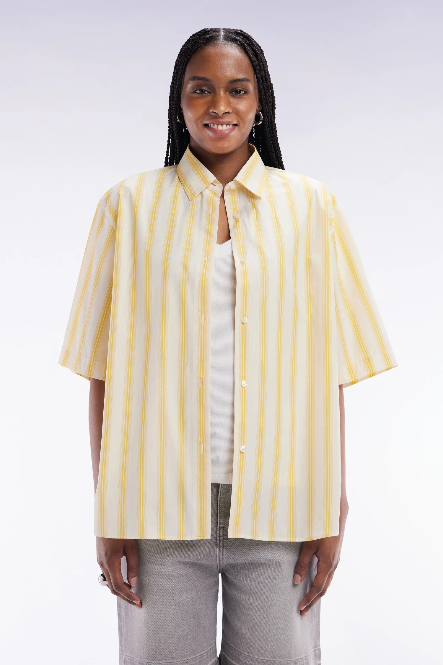 Chemise à manches courtes rayée en coton jaune et blanche coupe oversized - Image 3