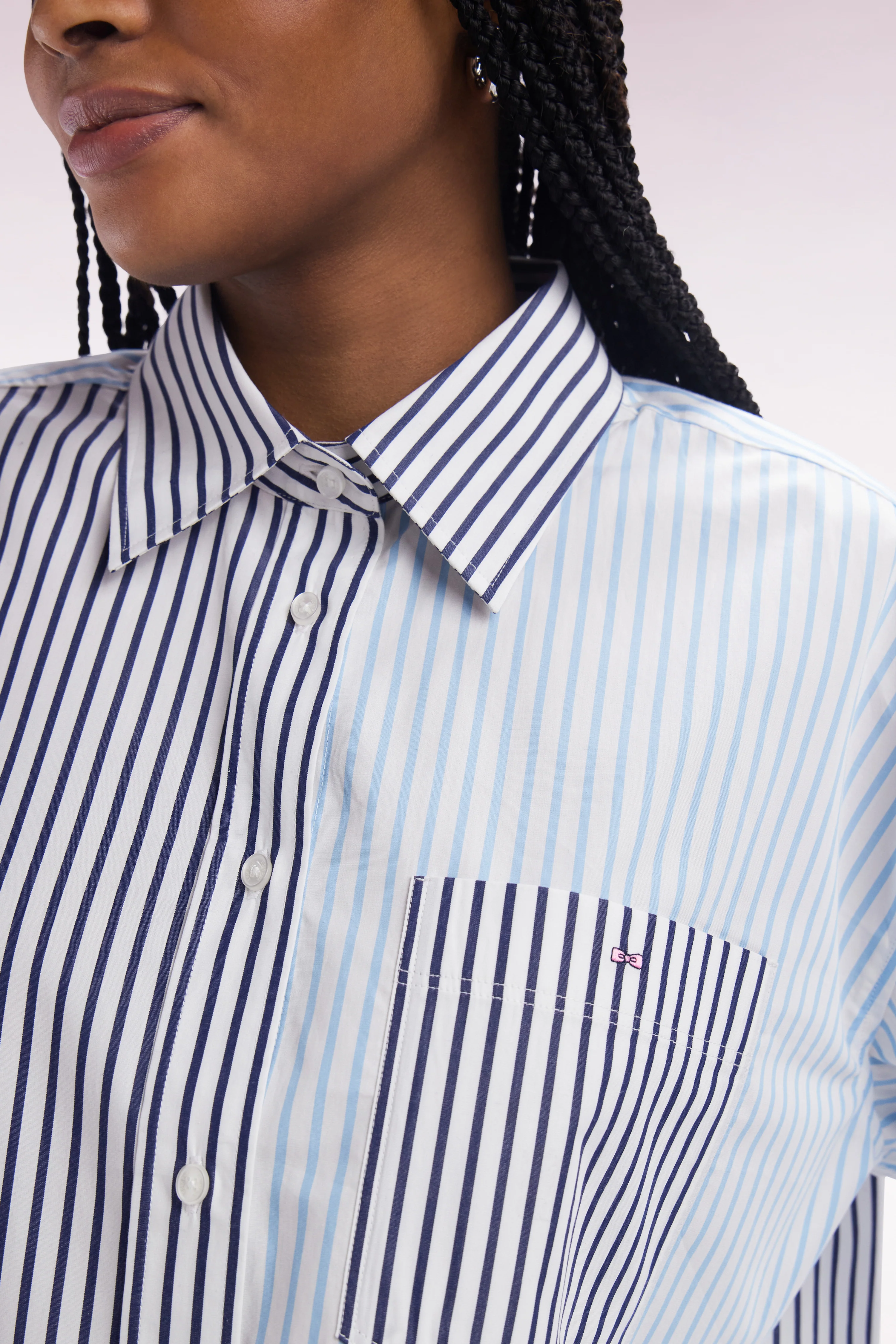 Chemise à patchwork de rayures en coton bleu coupe oversized - Image 5