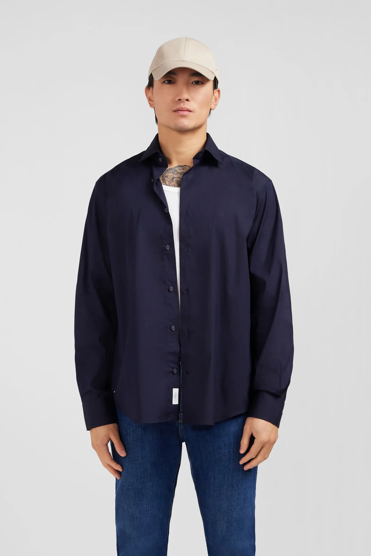 Chemise bleu marine regular en popeline stretch - Image 3