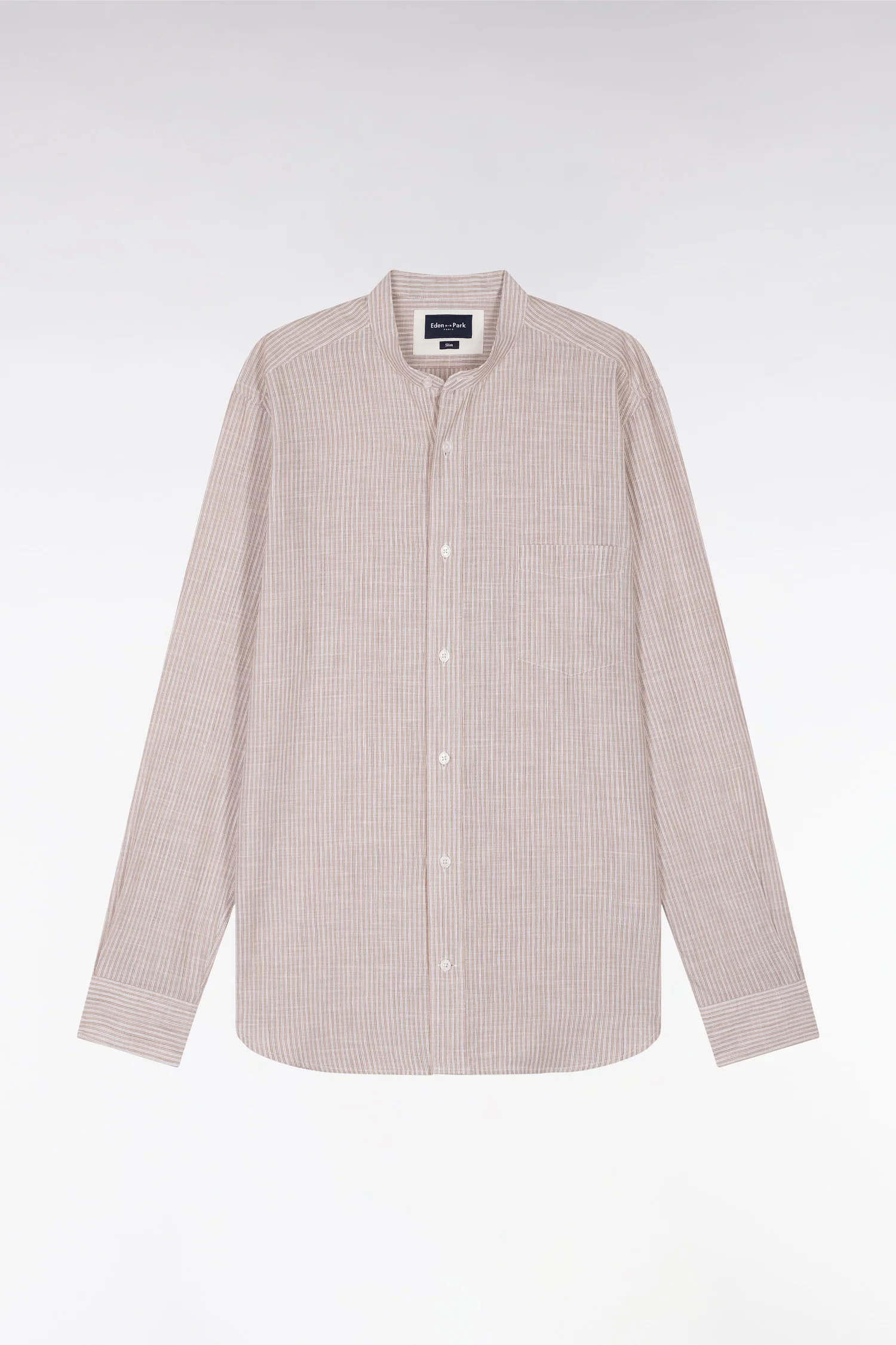 Chemise en coton et lin rayée beige à col Mao coupe ajustée - Image 2
