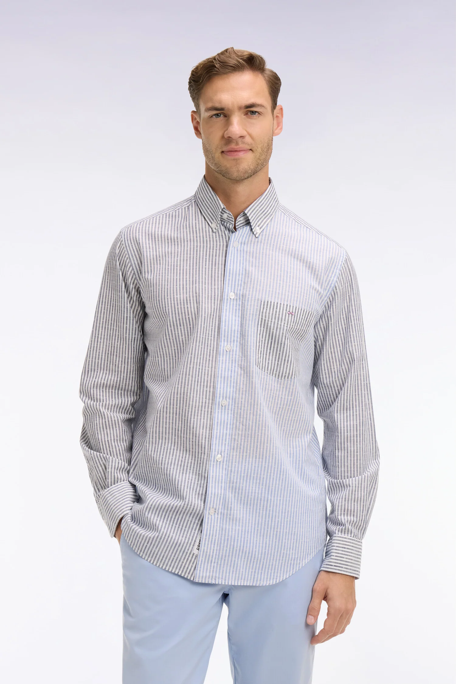 Chemise en coton jacquard Dobby à rayures bâtons bleues - Image 3