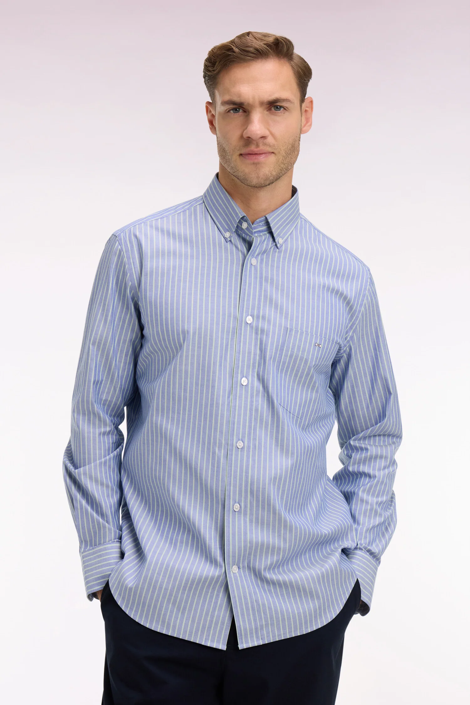 Chemise en coton pinpoint à rayures vert d'eau coupe regular - Image 3