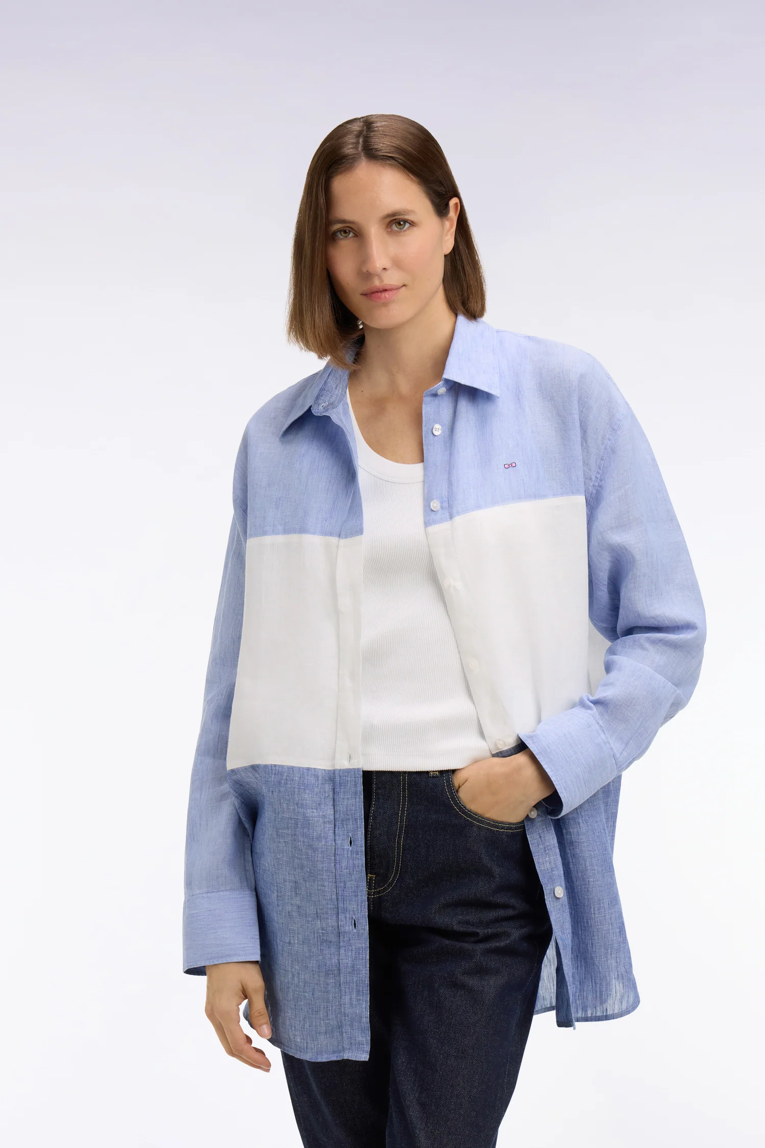 Chemise en lin colorblock bleu coupe oversized
