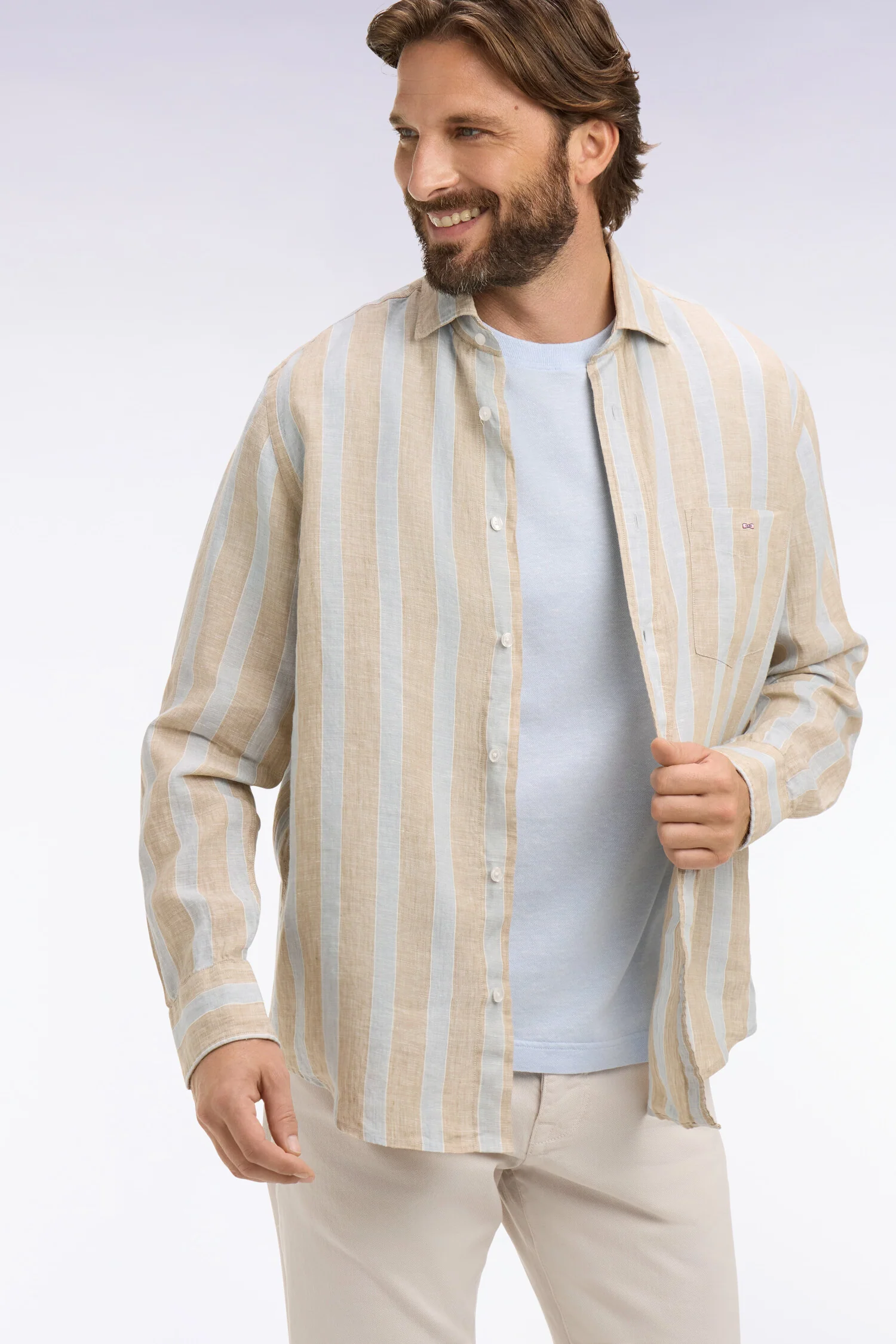 Chemise en lin gris clair à rayures bâtons - Image 3