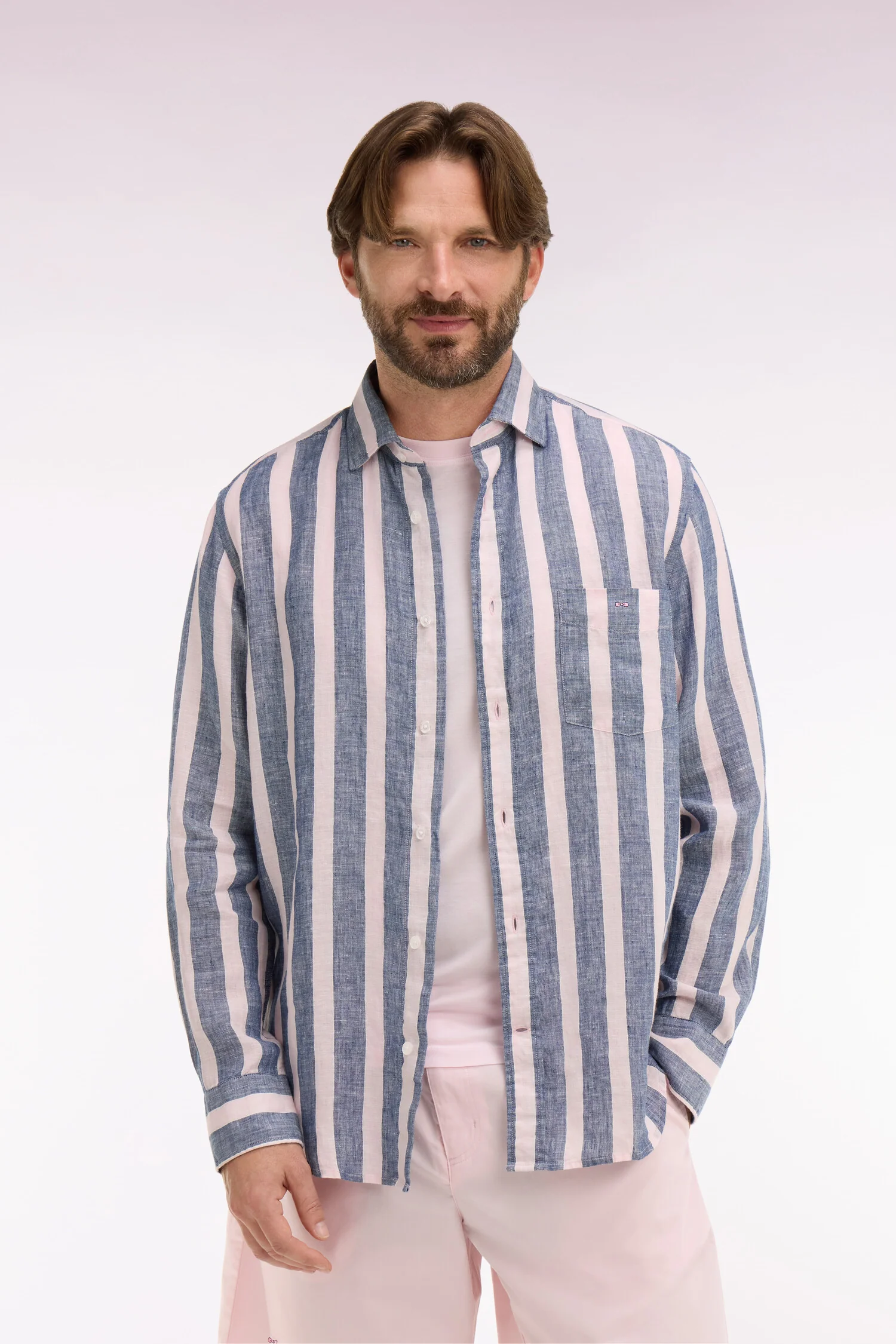 Chemise en lin marine à rayures bâtons - Image 3