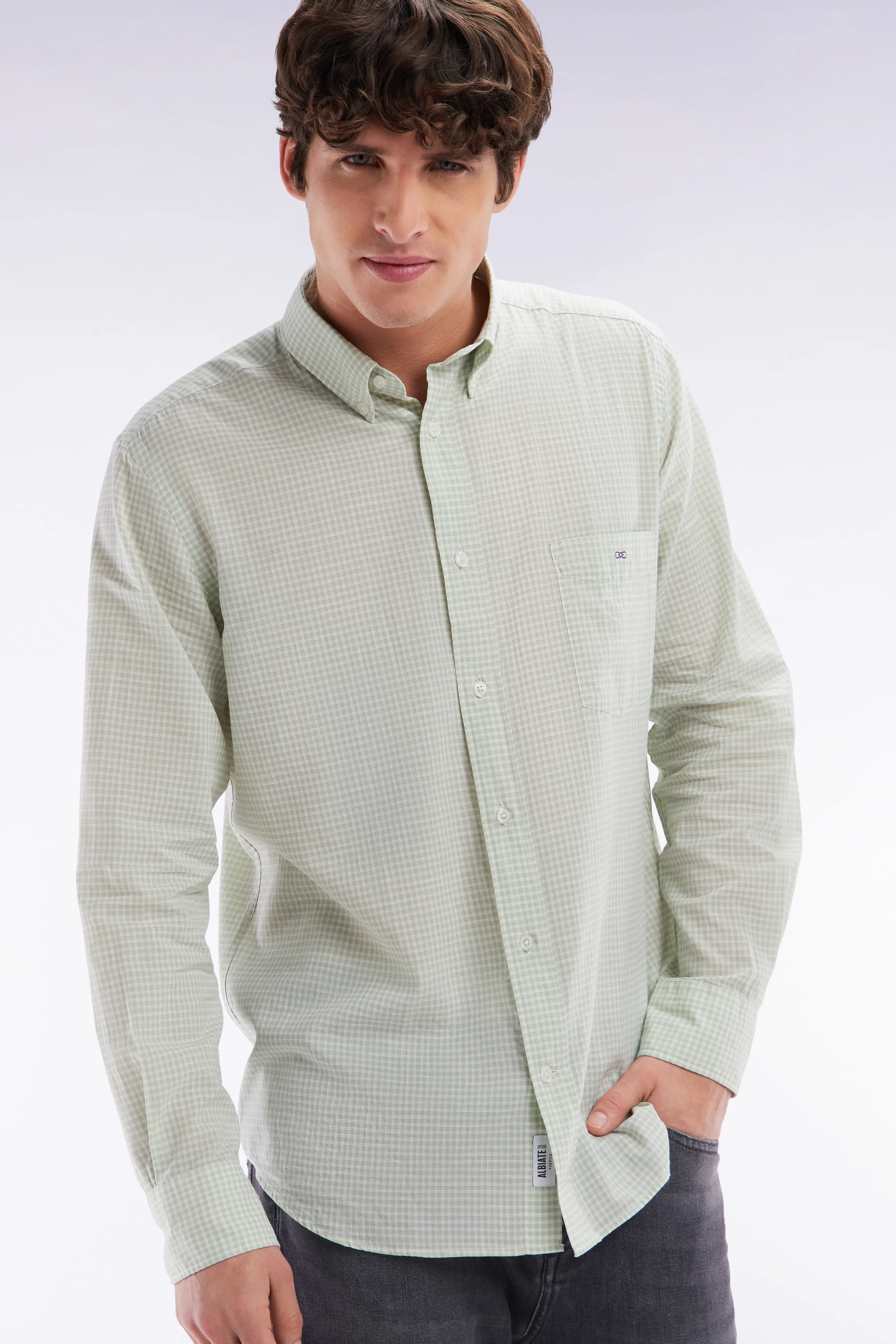 Chemise en popeline de coton à microcarreaux Vichy verts coupe droite - Image 3