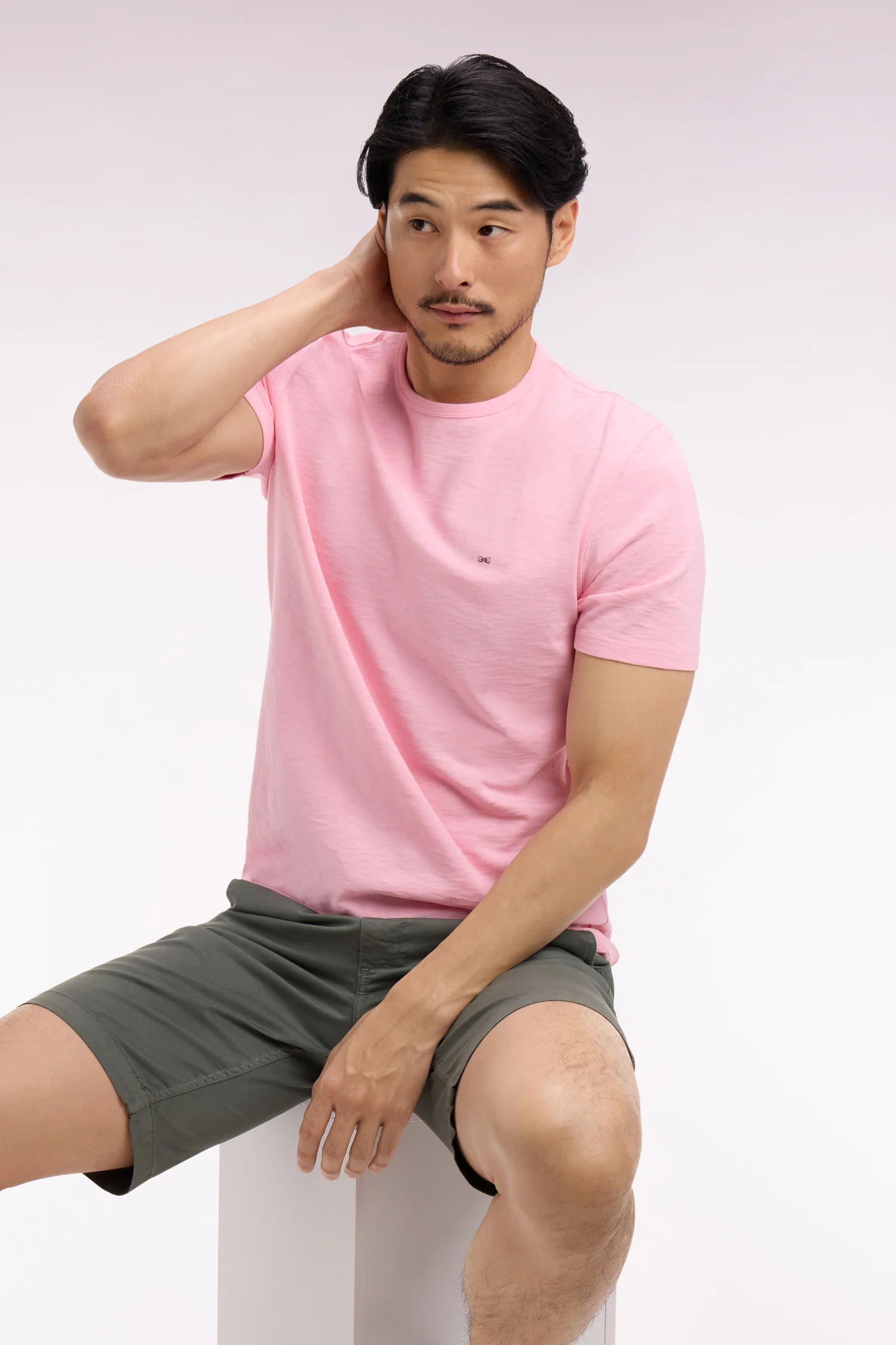 T-shirt Ă manches courtes en jersey de coton slub rose coupe regular