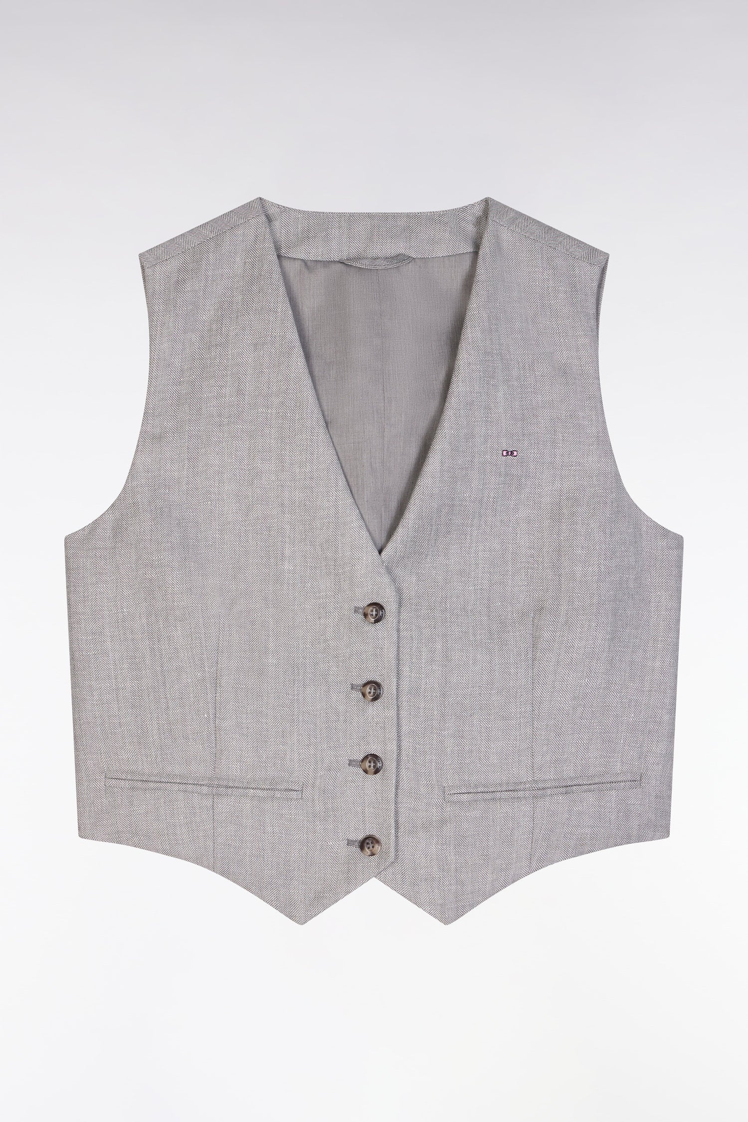 Gilet de costume en twill de lin et laine à chevron gris - Image 2