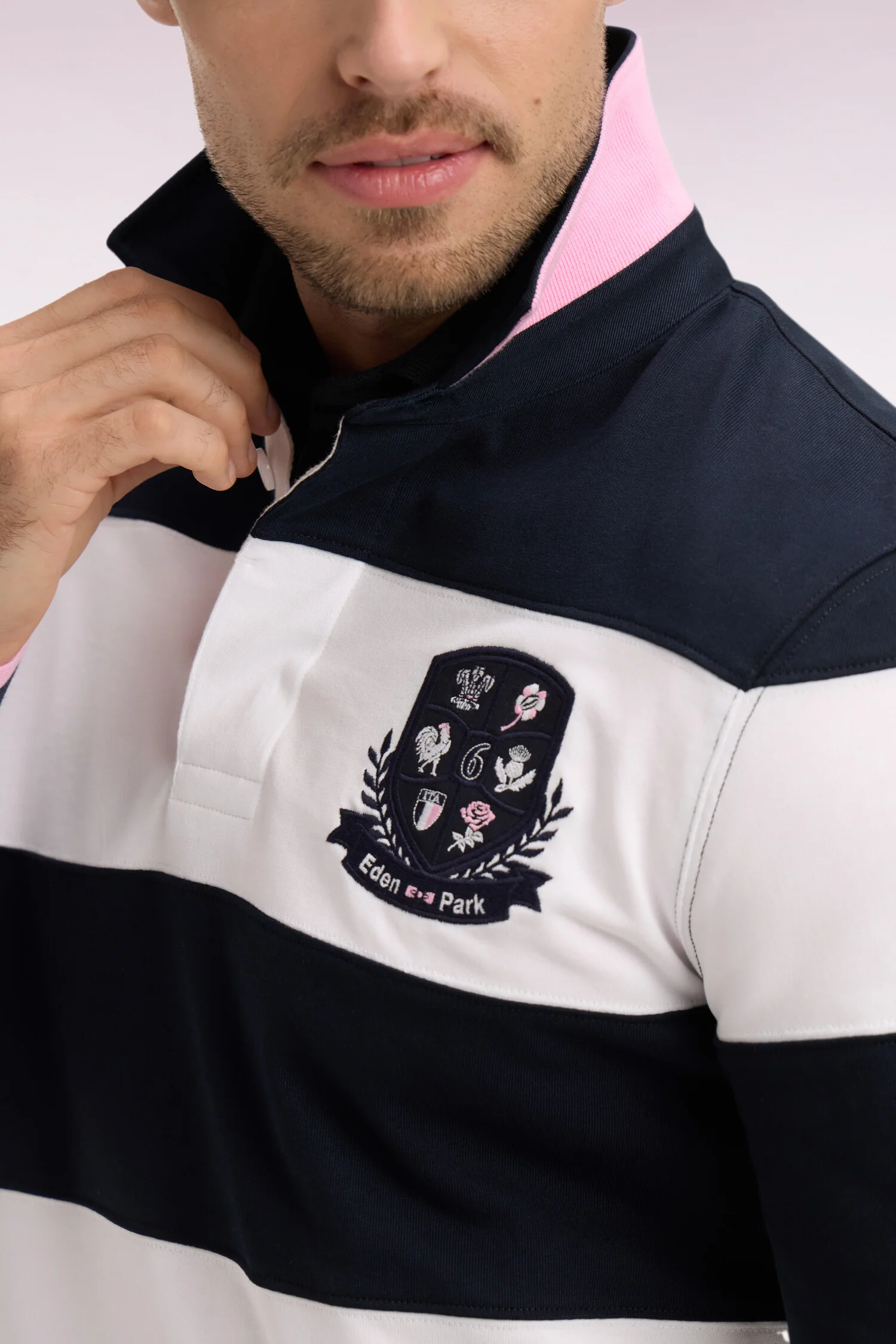 Maillot 6 Nations à manches longues en coton rayé blanc et marine - Image 4