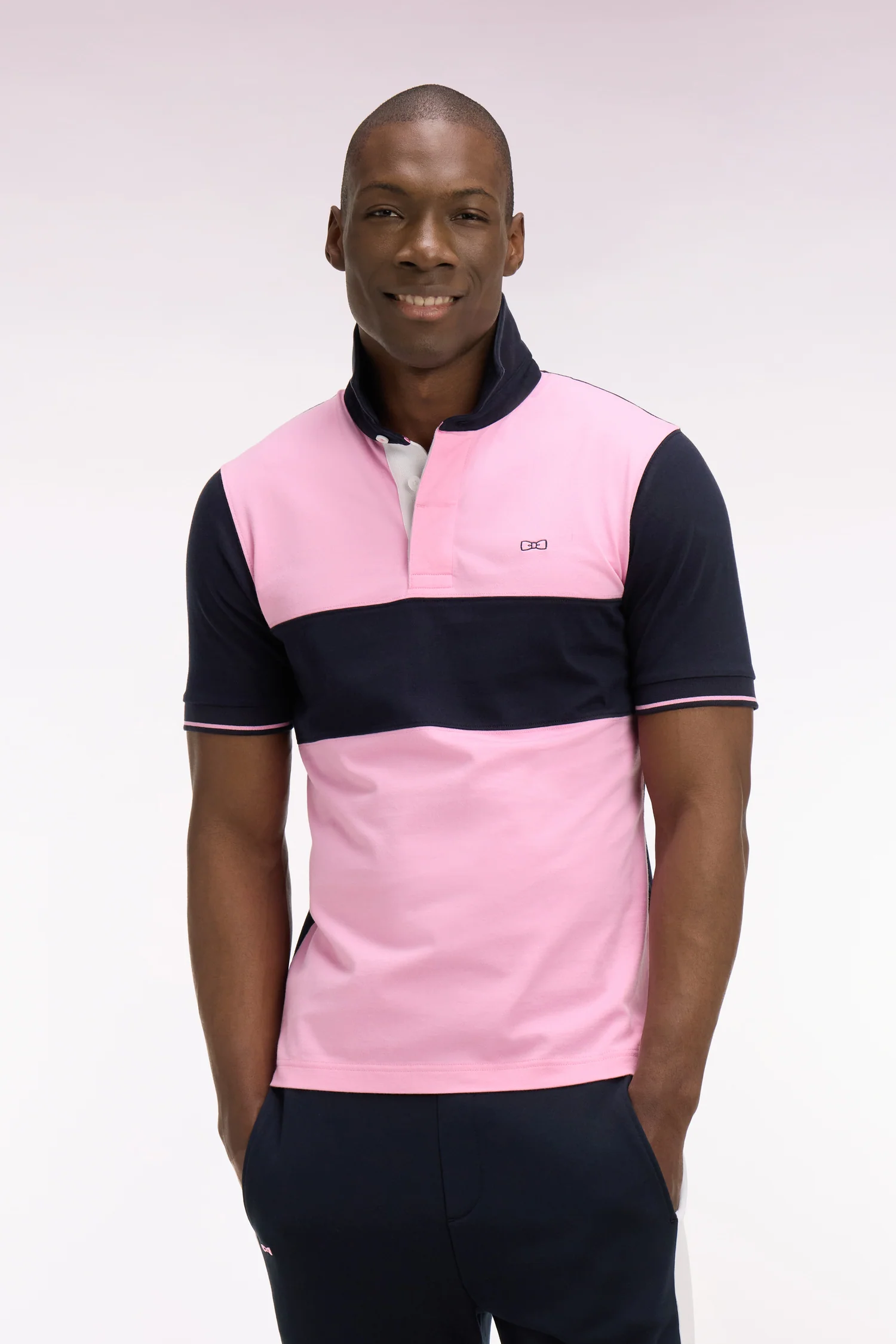 Maillot à manches courtes en coton rose et marine coupe regular - Image 3