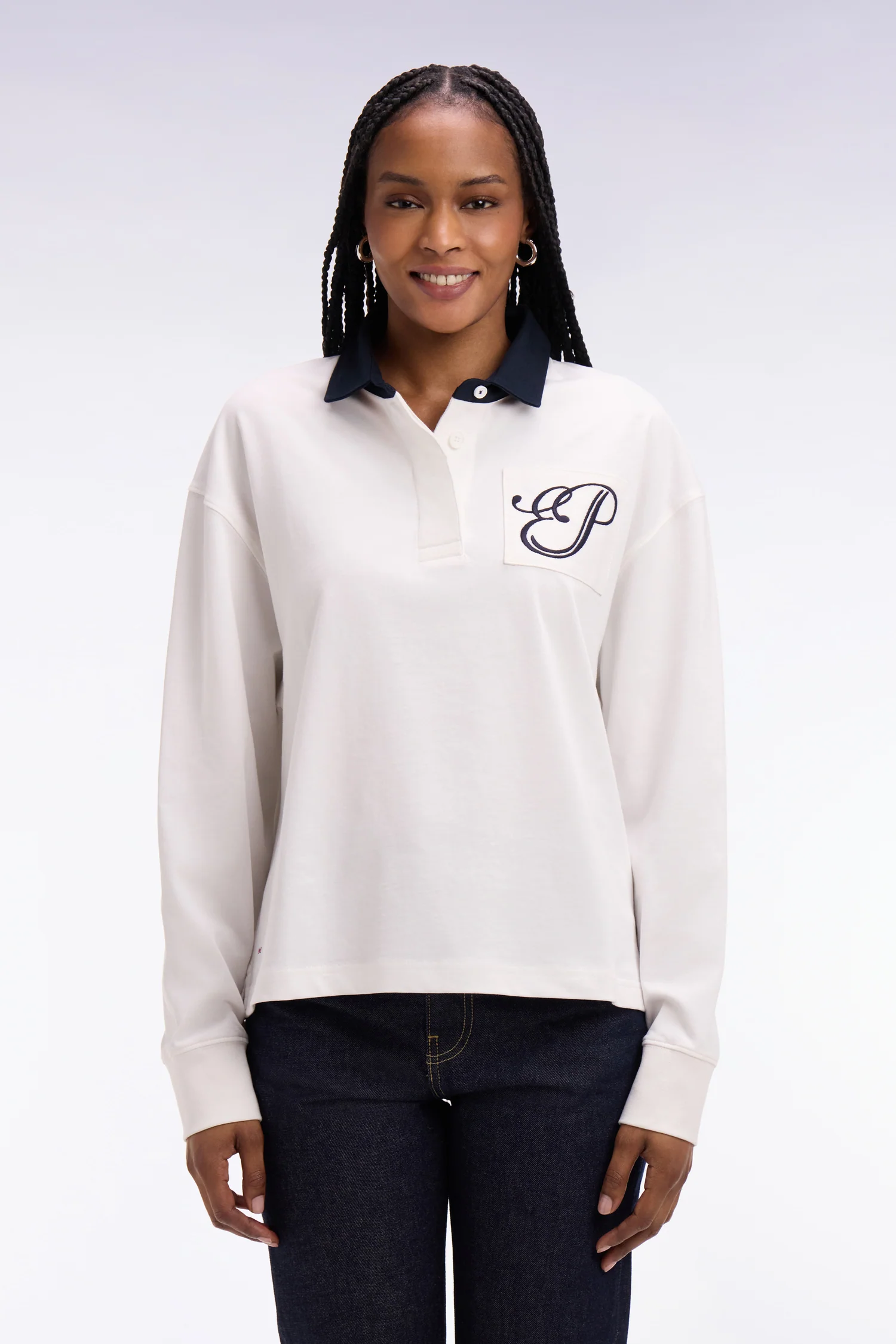 Maillot à manches longues en coton écru brodé coupe Oversized - Image 3