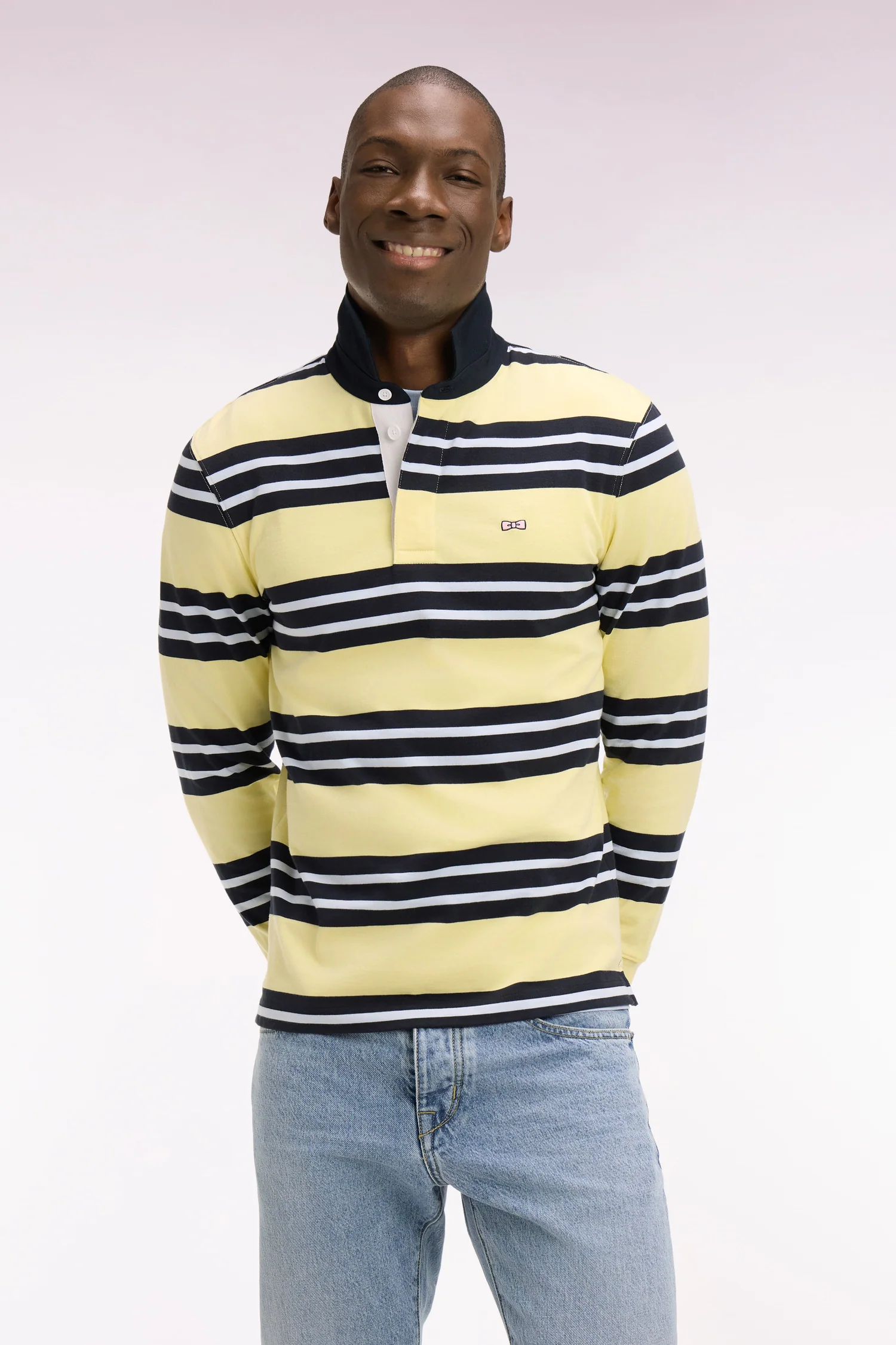 Maillot à manches longues en coton rayé jaune clair - Image 3