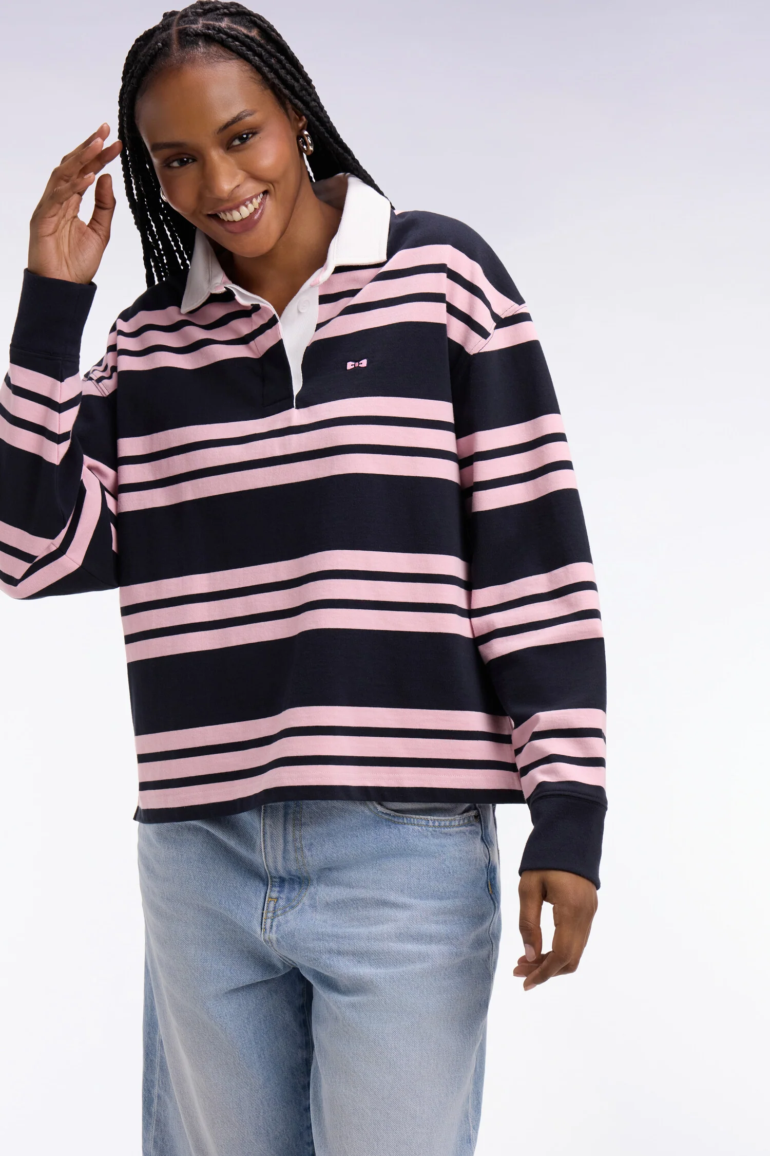 Maillot à manches longues rayé marine et rose coupe oversized