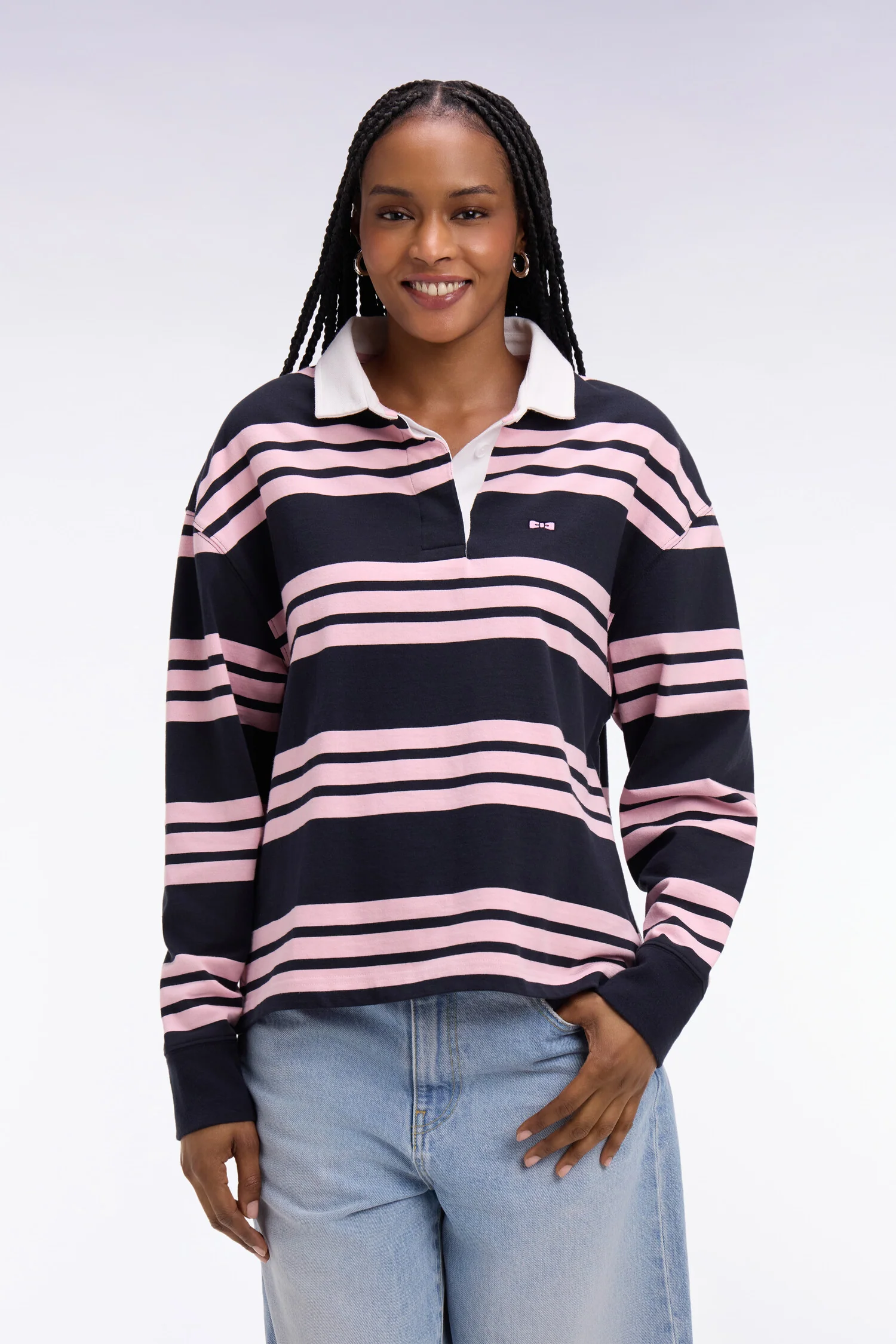 Maillot à manches longues rayé marine et rose coupe oversized - Image 3