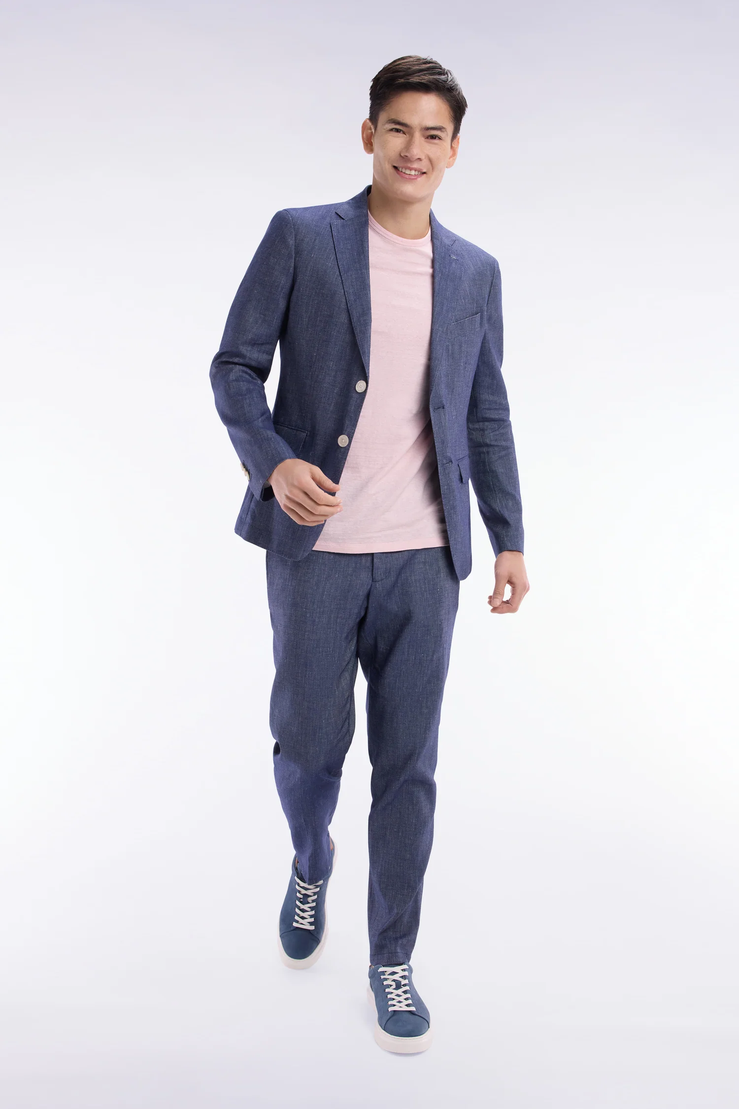 Pantalon à taille élastique en lin et coton stretch indigo - Image 3