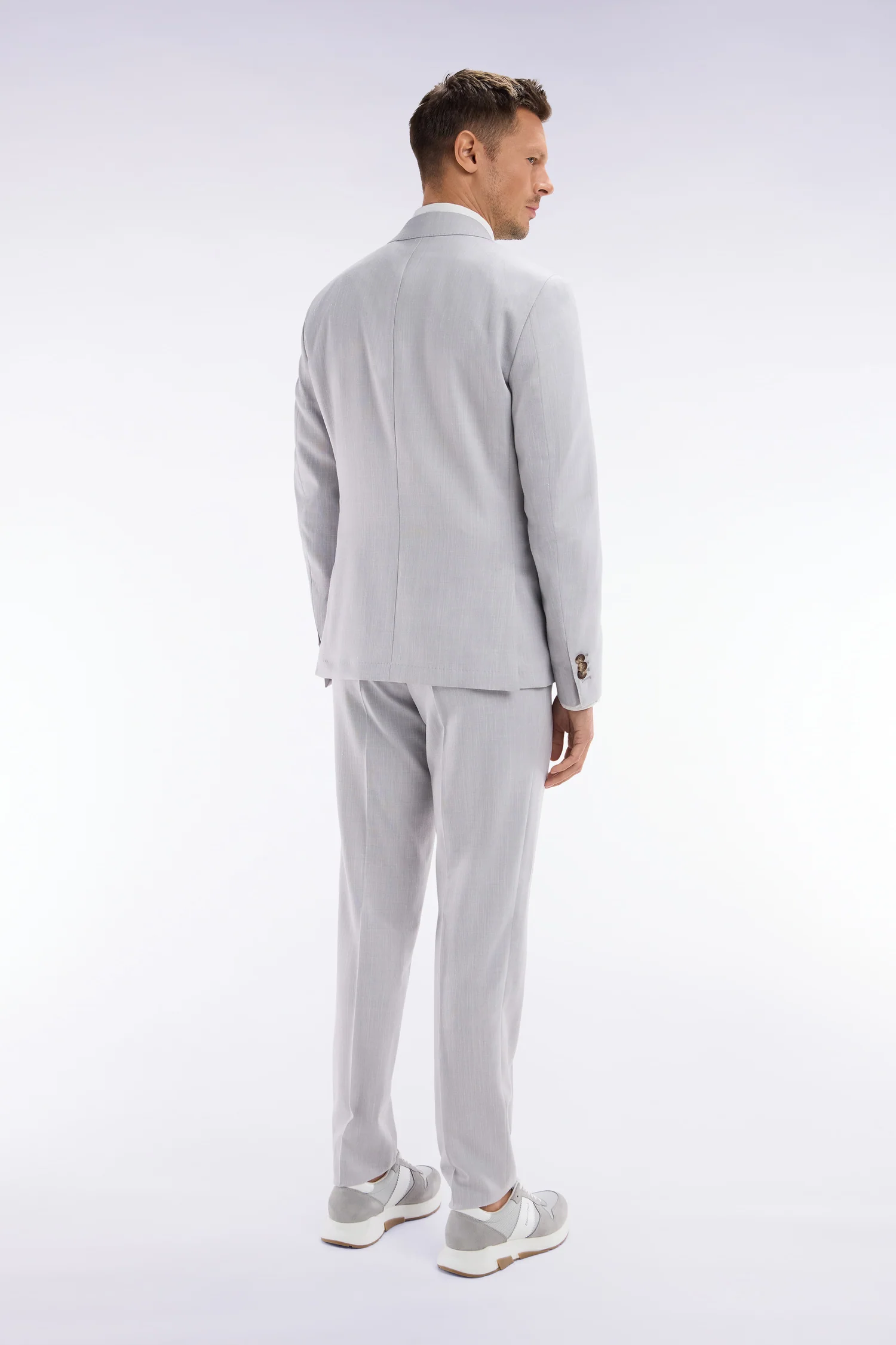 Pantalon à taille élastiquée en laine et coton stretch mélangés gris - Image 4