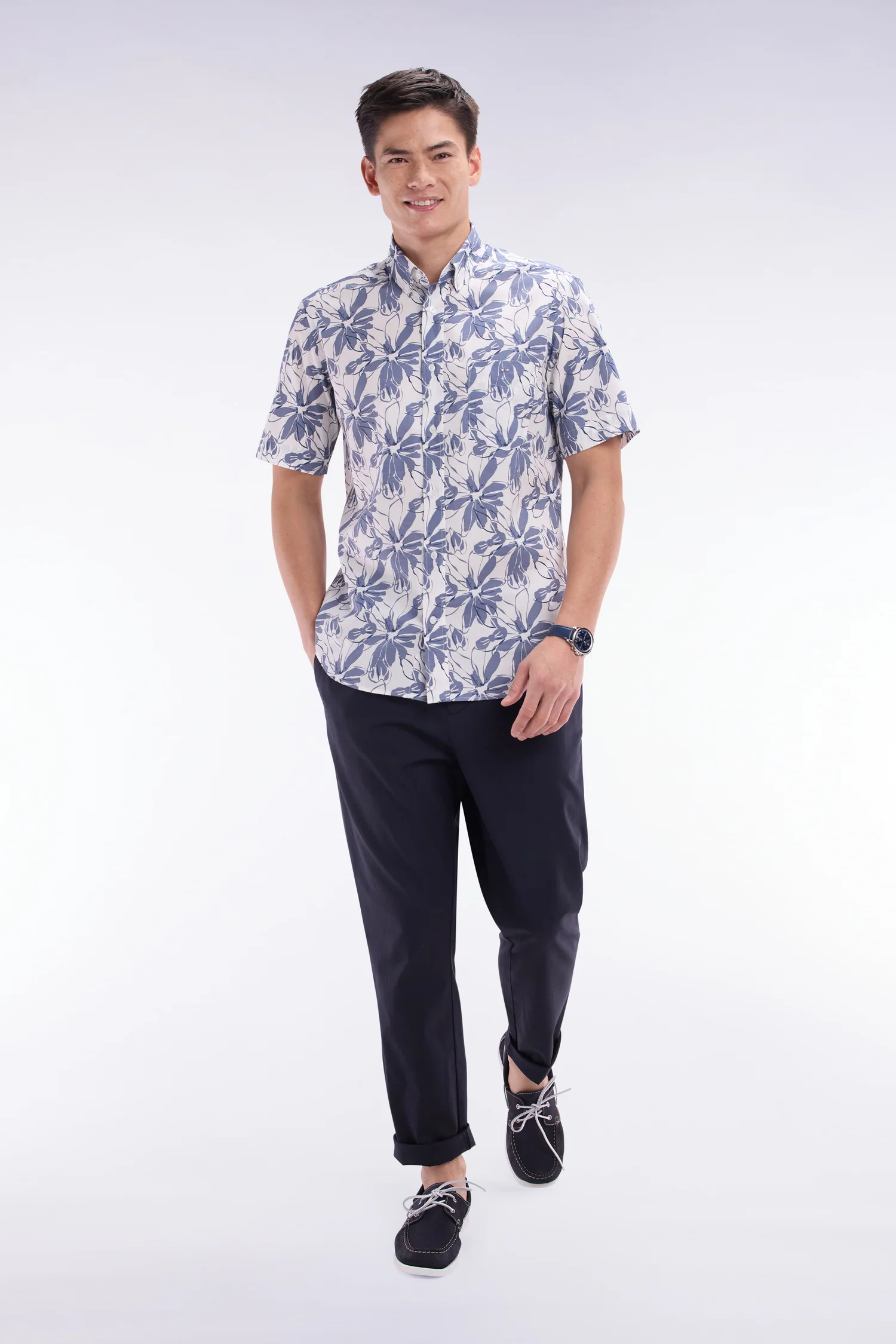 Pantalon chino à taille élastique en coton et lyocell stretch marine - Image 2