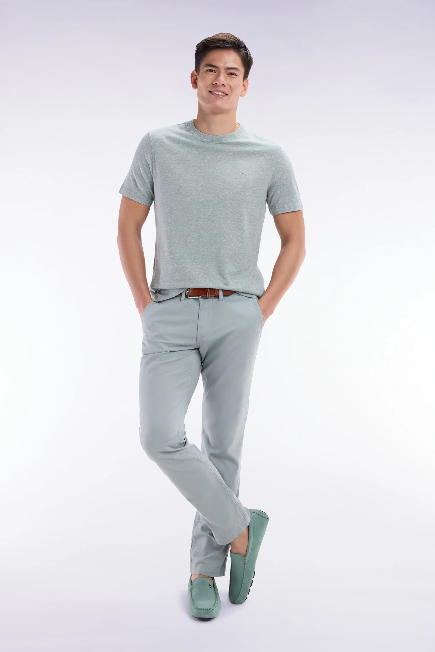 Pantalon chino sans pli en coton et lin stretch gris moyen coupe droite - Image 3