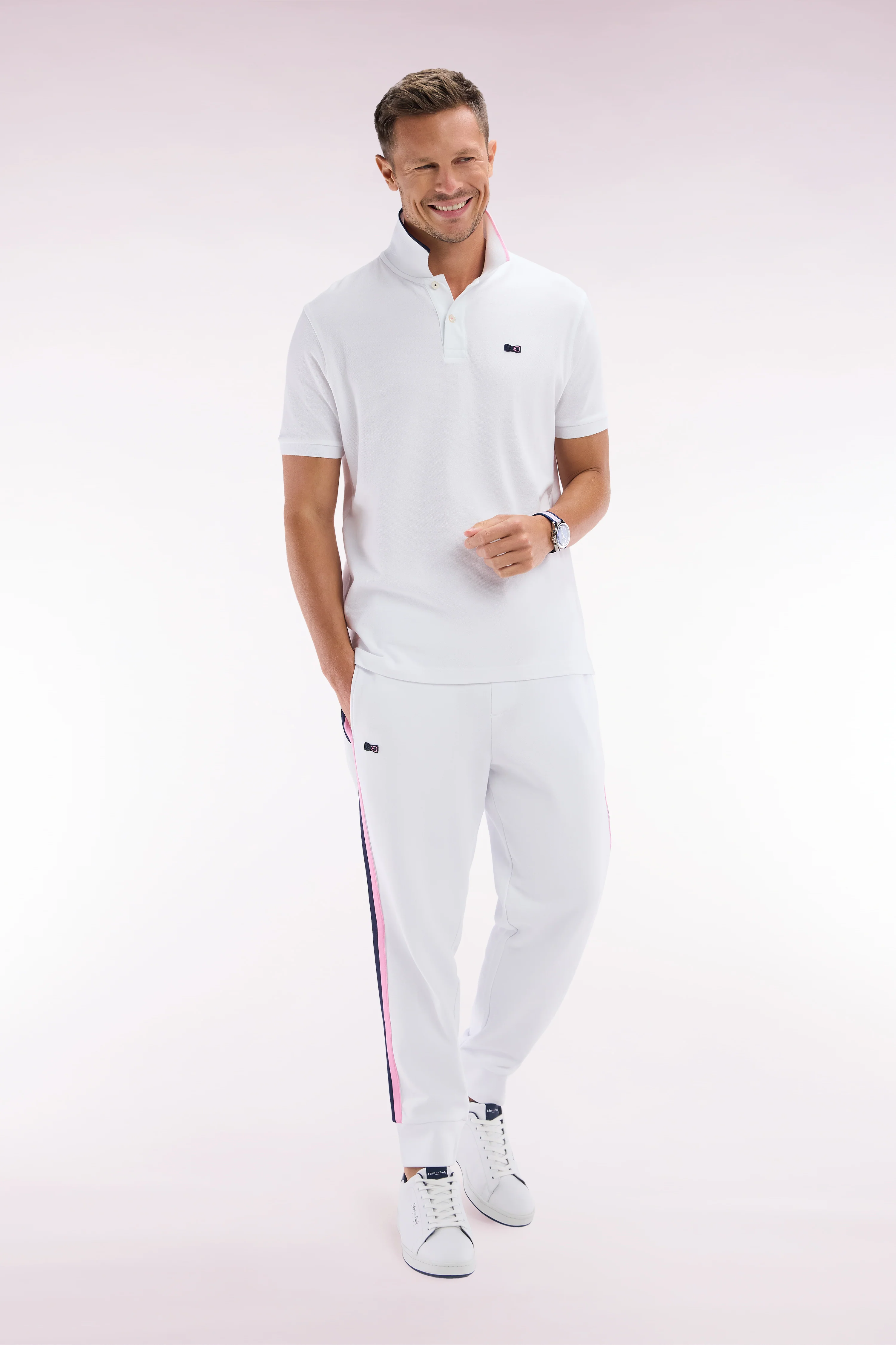 Pantalon jogging en coton blanc à détails tricolores coupe décontractée - Image 3