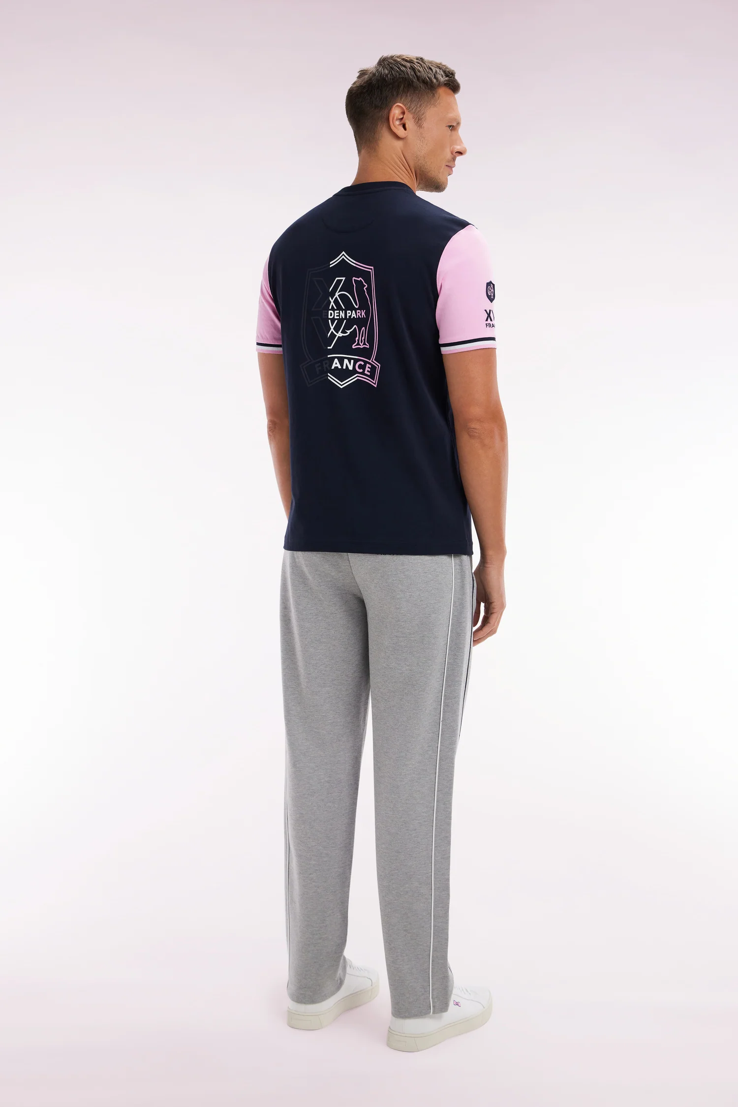 Pantalon jogging en molleton coton stretch gris passepoil marine coupe droite - Image 4