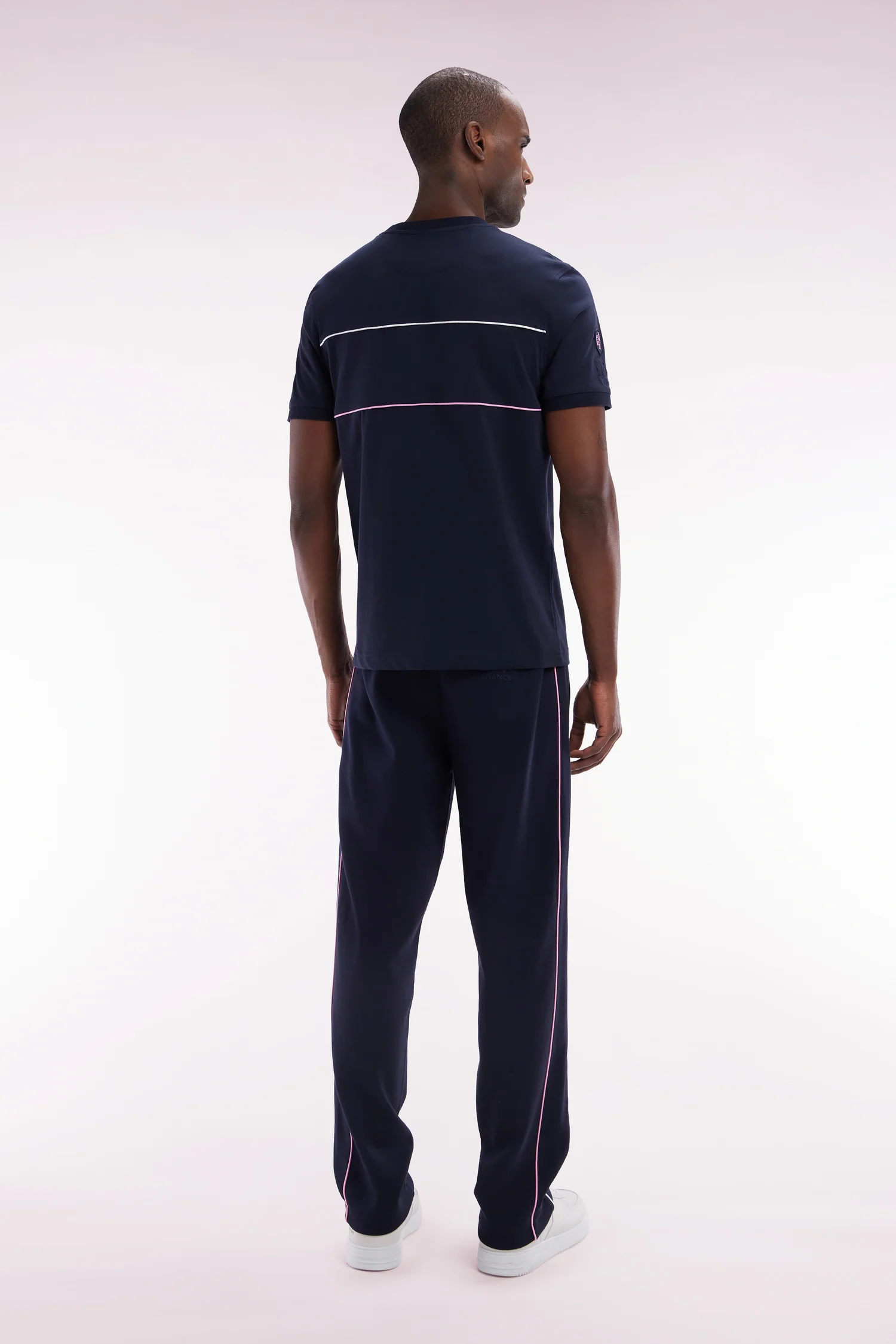 Pantalon jogging en molleton coton stretch marine passepoil ciel coupe droite - Image 4