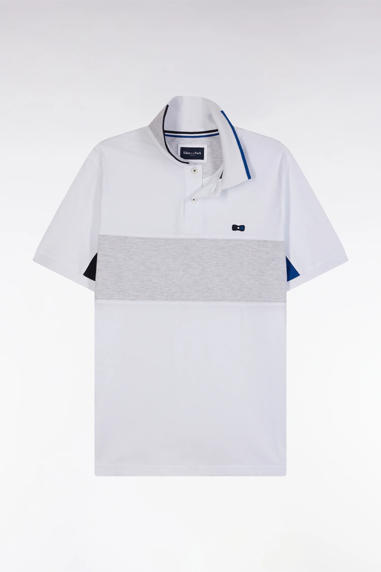 Polo à manches courtes colorblock en coton blanc détails gris et marine coupe droite - Image 2