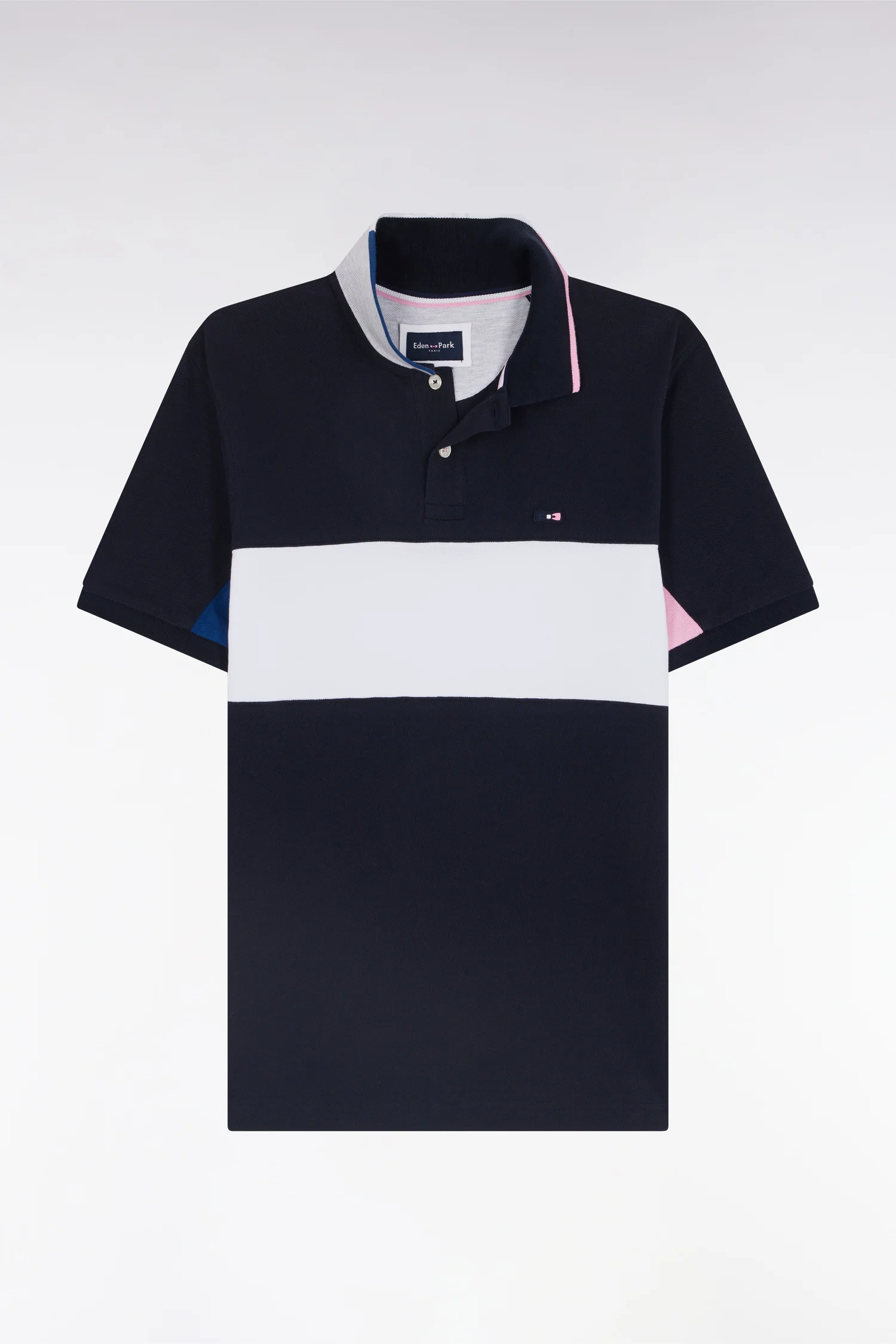 Polo à manches courtes colorblock en coton marine détails roses et blancs coupe droite - Image 2