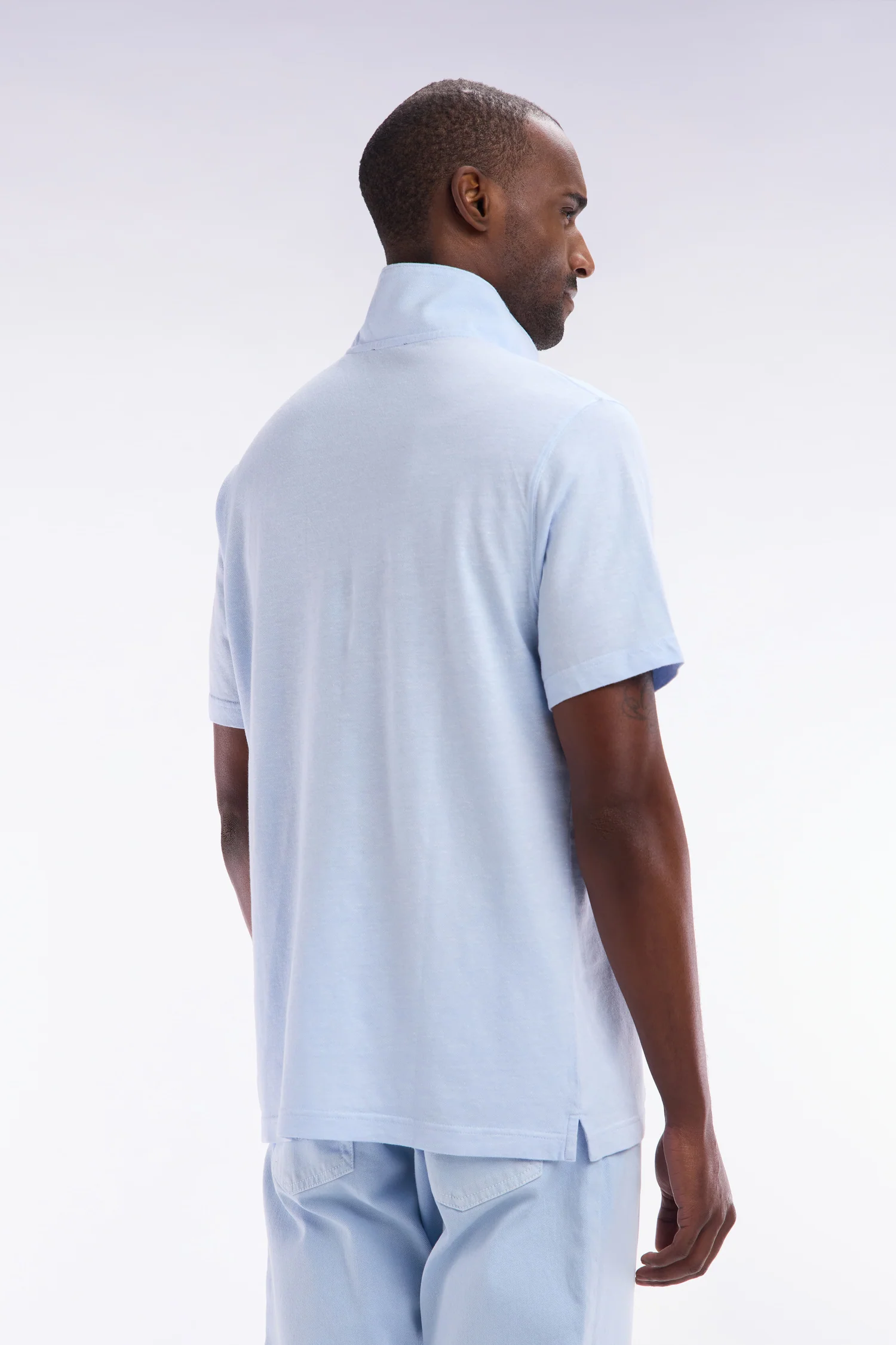 Polo à manches courtes en coton et lin bleu-gris coupe droite - Image 4