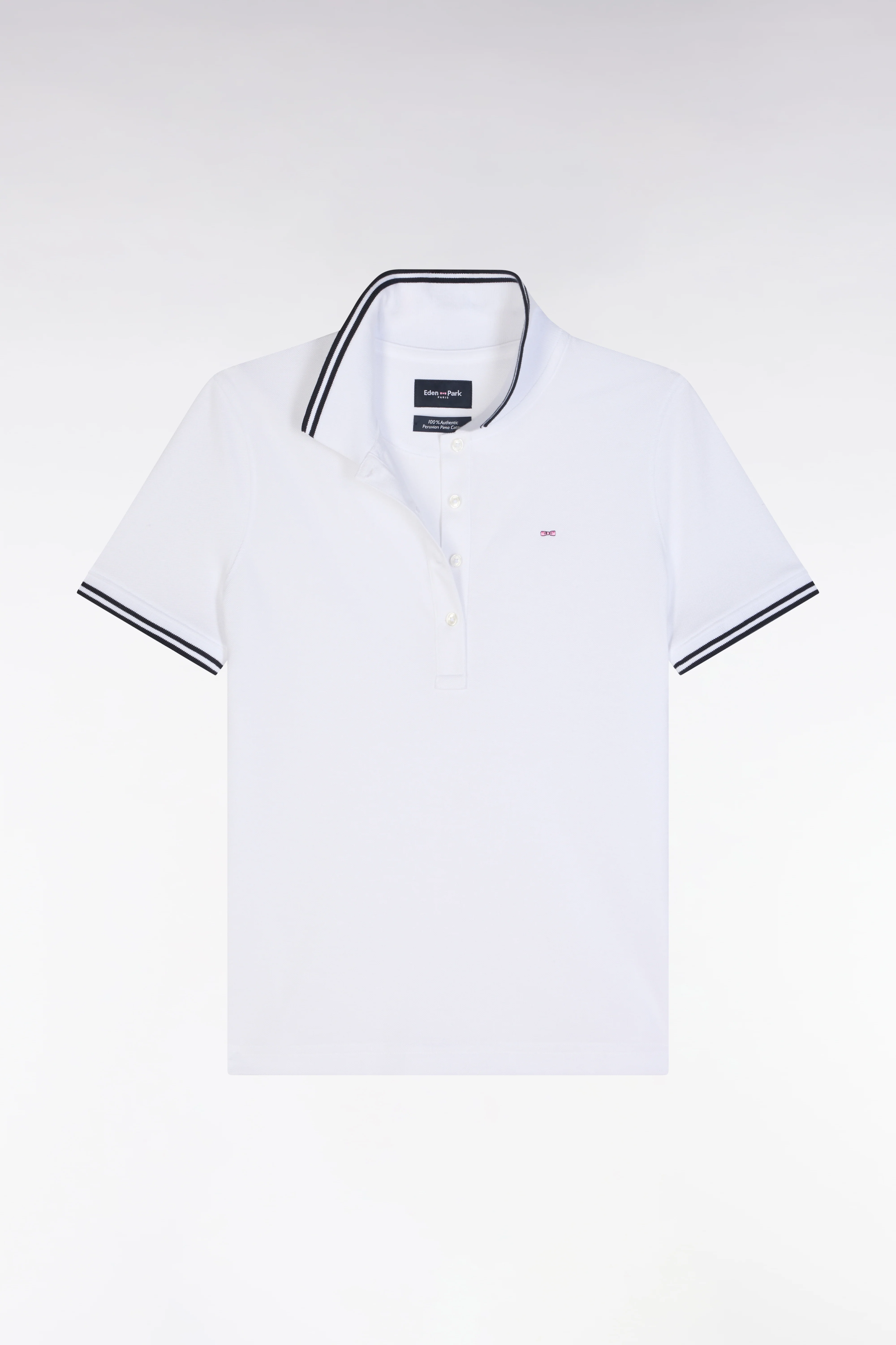 Polo à manches courtes en piqué de coton Pima blanc détails rayés coupe droite - Image 2