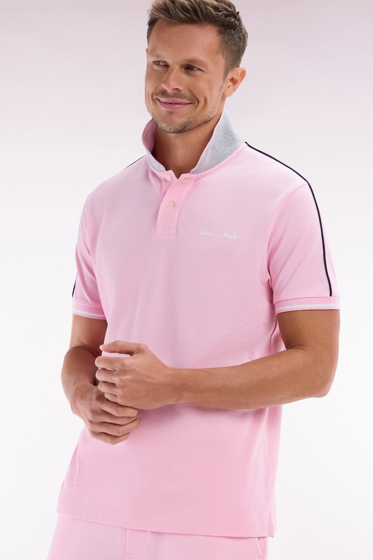 Polo à manches courtes uni en coton rose inscription Eden Park coupe décontractée - Image 3