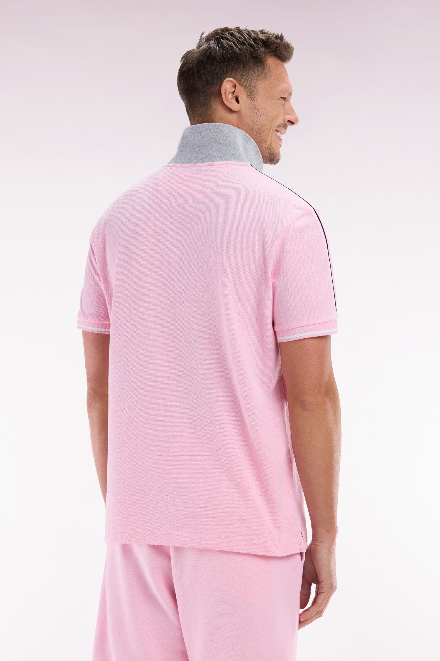 Polo à manches courtes uni en coton rose inscription Eden Park coupe décontractée - Image 4