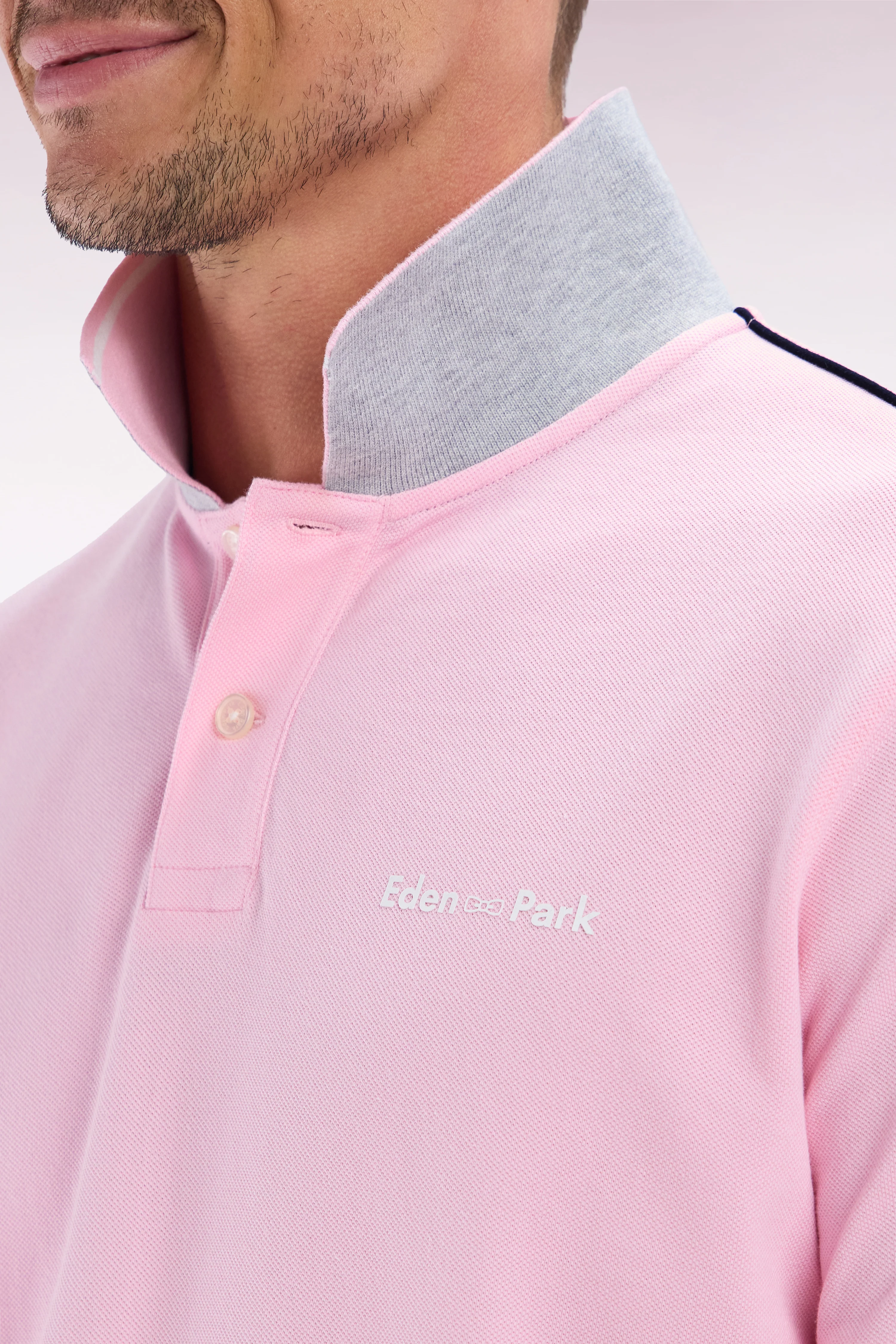 Polo à manches courtes uni en coton rose inscription Eden Park coupe décontractée - Image 5